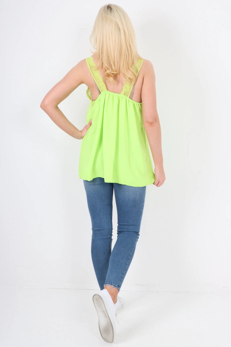 Italian V Neck Lace Detail Vest Top One Size Fits 8-18uk