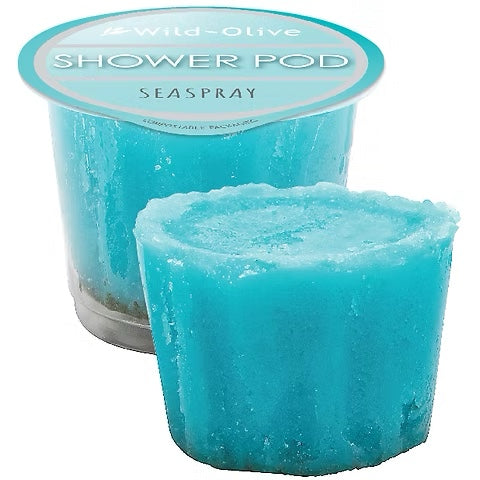 Tiny Wild Olive Shower Pods in vibrant green packaging, promising a luxurious, eco-friendly lather and gentle exfoliation.