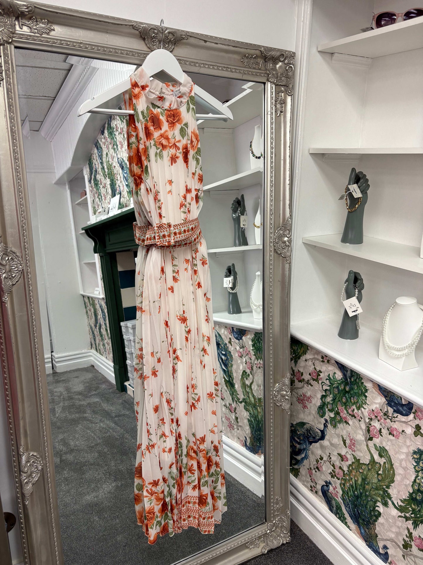 Luxtyle High Neck Pleated Orange Flower Dress One Size fits 8-20