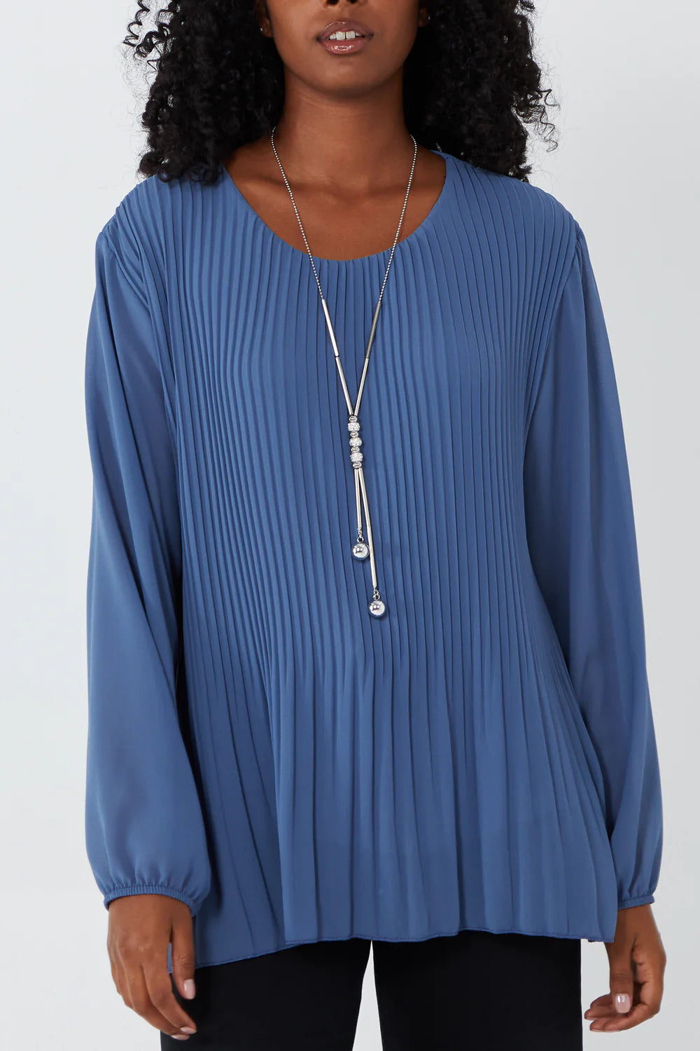 Pleated Longsleeve Top with Necklace One Size 8-16 - other colours available