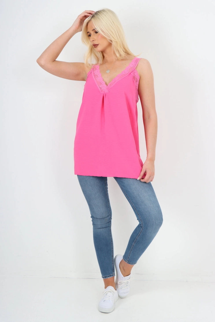 Italian V Neck Lace Detail Vest Top One Size Fits 8-18uk