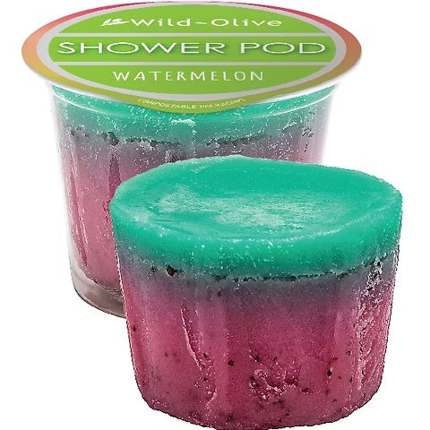Wild Olive Shower Pods in cute, mini pots, bursting with eco-friendly exfoliants for a nourishing, luxurious lather.