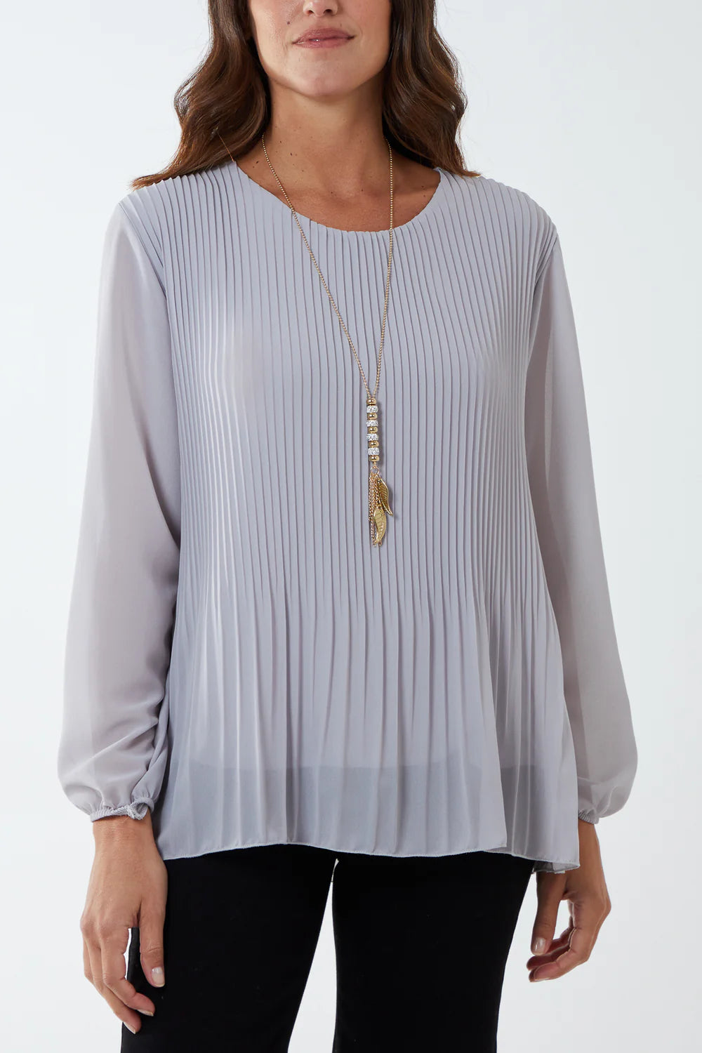 Pleated Longsleeve Top with Necklace One Size 8-16 - other colours available