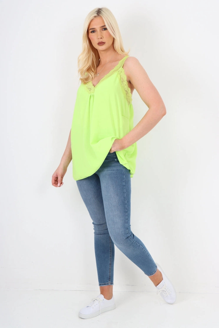 Italian V Neck Lace Detail Vest Top One Size Fits 8-18uk