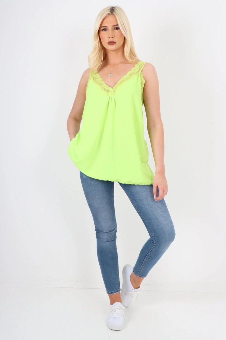 Italian V Neck Lace Detail Vest Top One Size Fits 8-18uk
