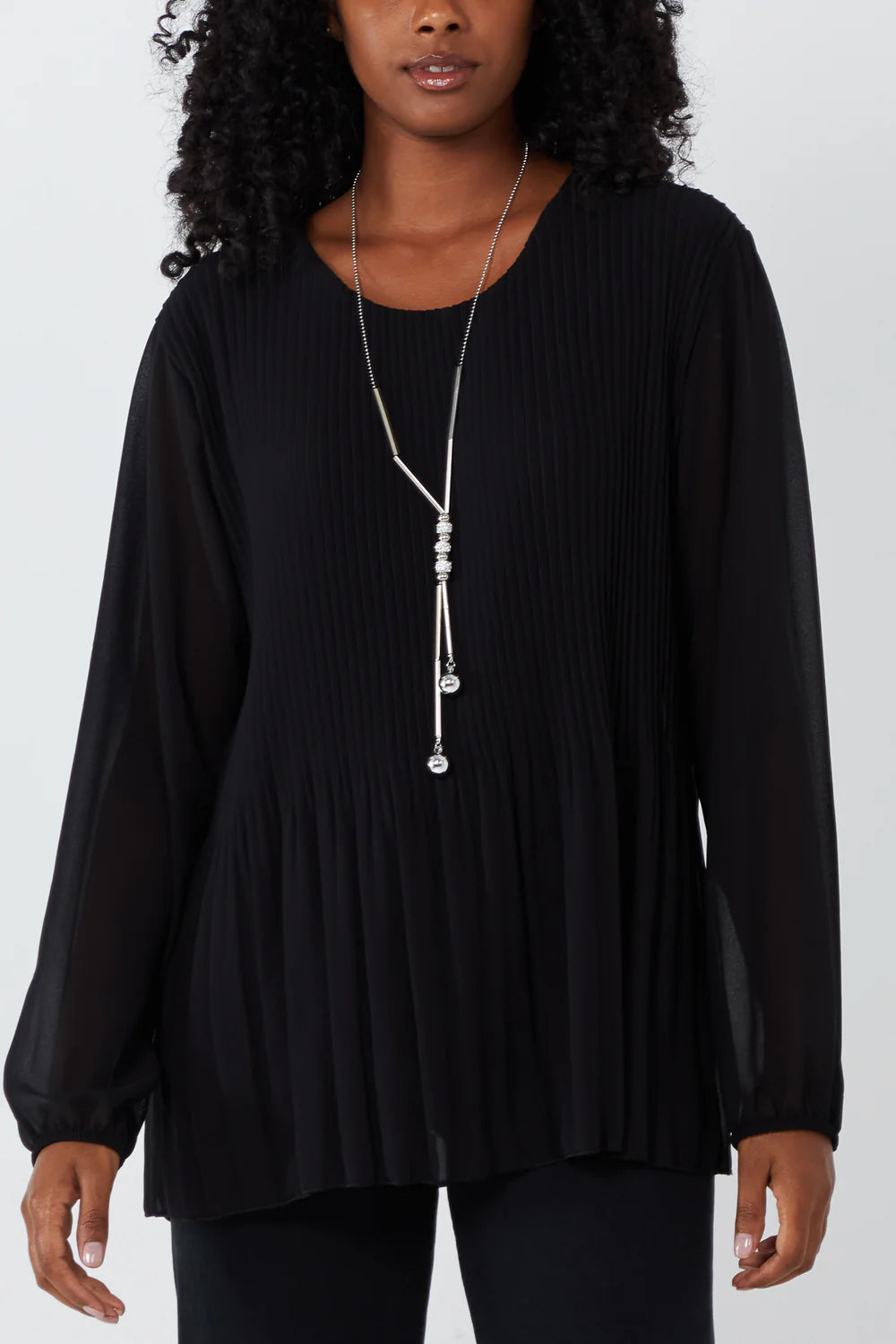 Pleated Longsleeve Top with Necklace One Size 8-16 - other colours available