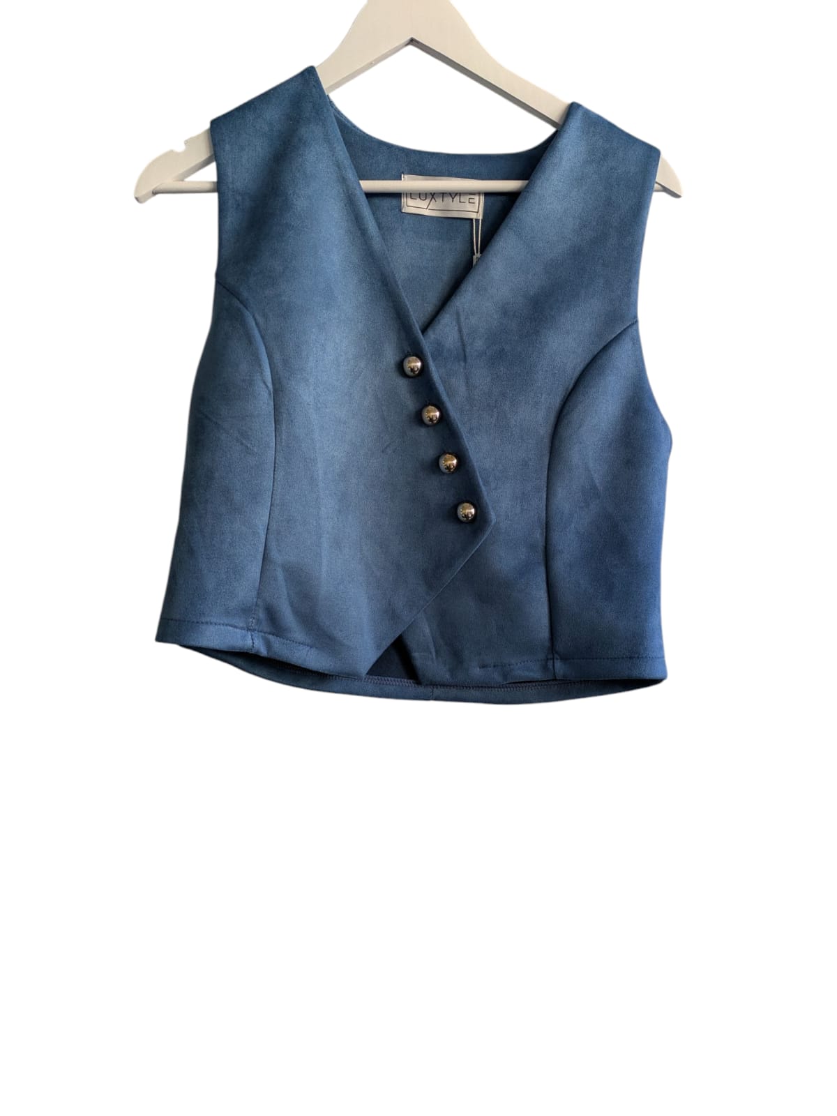 Stylish blue waistcoat with buttons, designed to fit UK sizes 8-14, showcasing a flattering and versatile silhouette.
