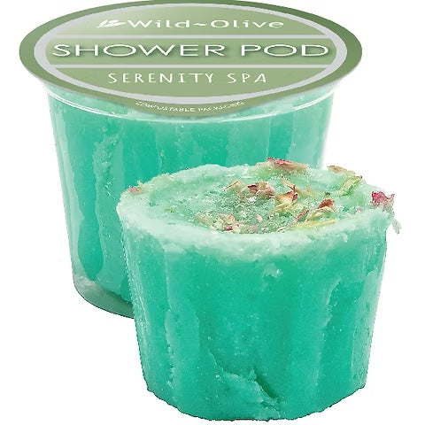 Compact Wild Olive Shower Pods in a vibrant green hue, promising an eco-friendly, exfoliating shower experience.