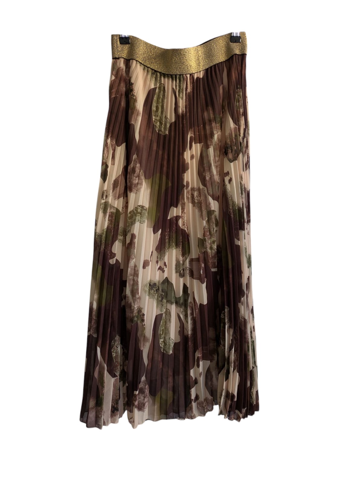 Flowing brown skirt with a striking gold band at the waist, designed by Luxtyle to fit sizes 8-14 effortlessly.