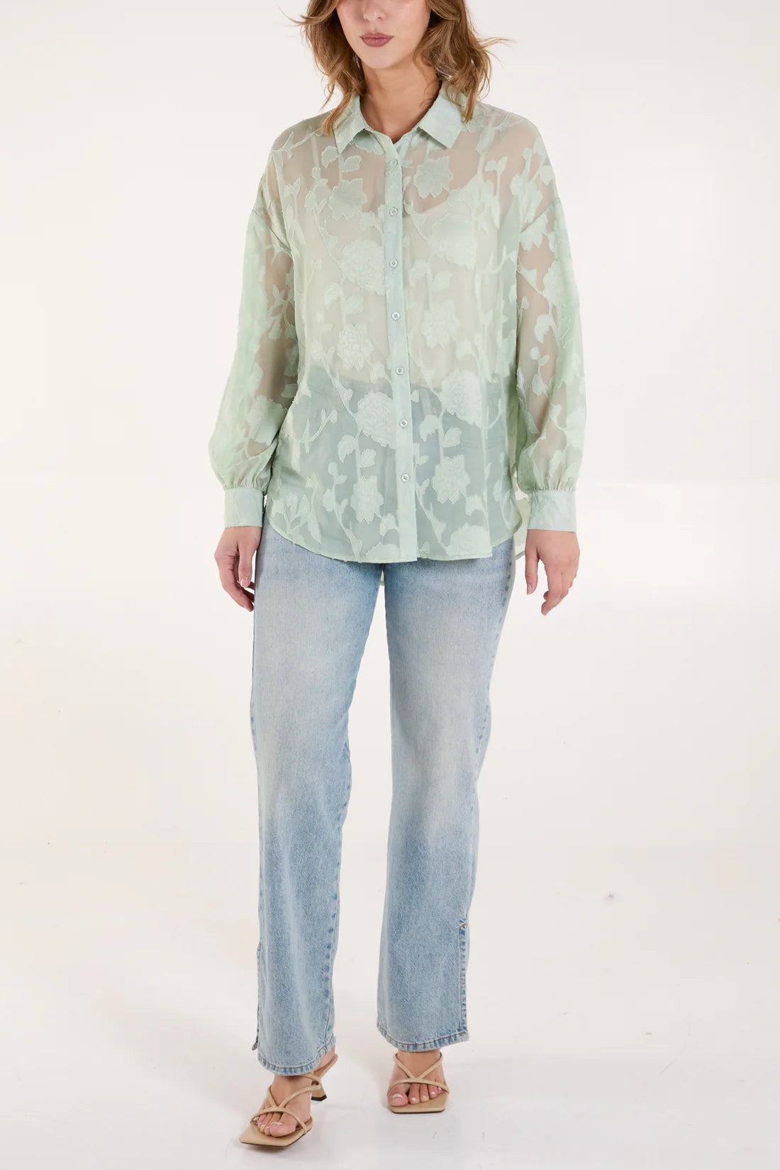 Sheer Floral Devore Shirt Mint