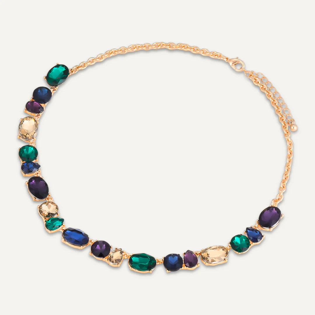 Vibrant Iris Multicoloured Necklace with dazzling gold-jewel accents, showcasing a stunning array of colorful gems.