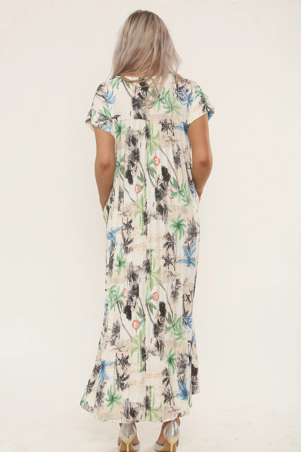 Leaf Print Pleated Maxi Dress One Size 8-16