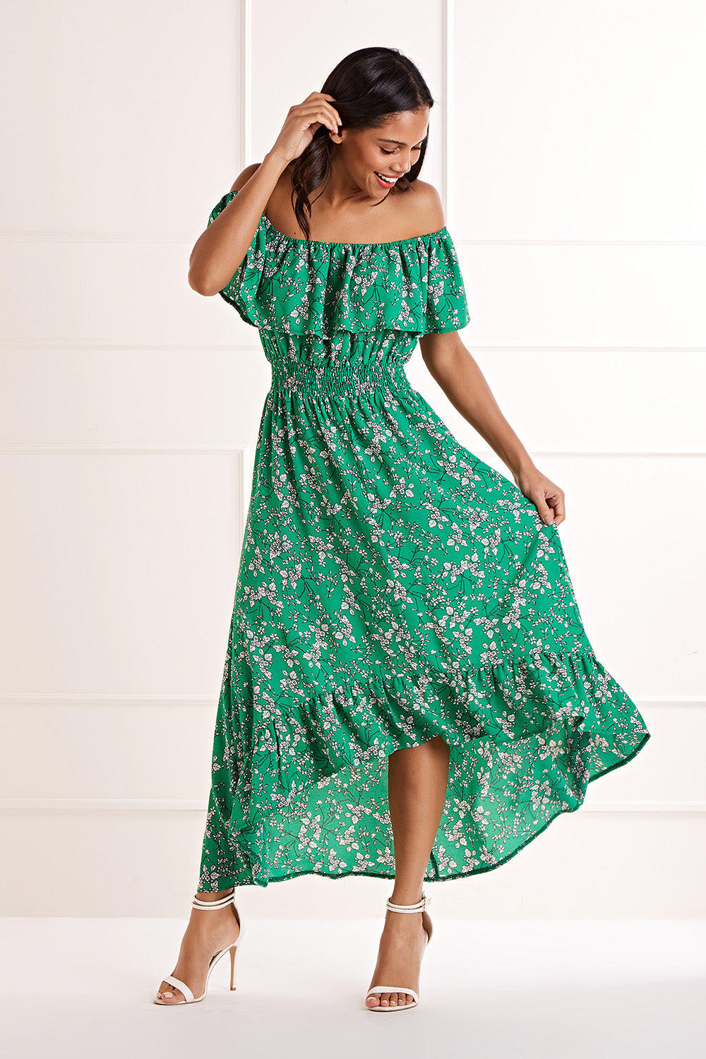 Yumi Green Bardot Asymmetric Maxi Dress Yumi Green Bardot Asymmetric Maxi Dress