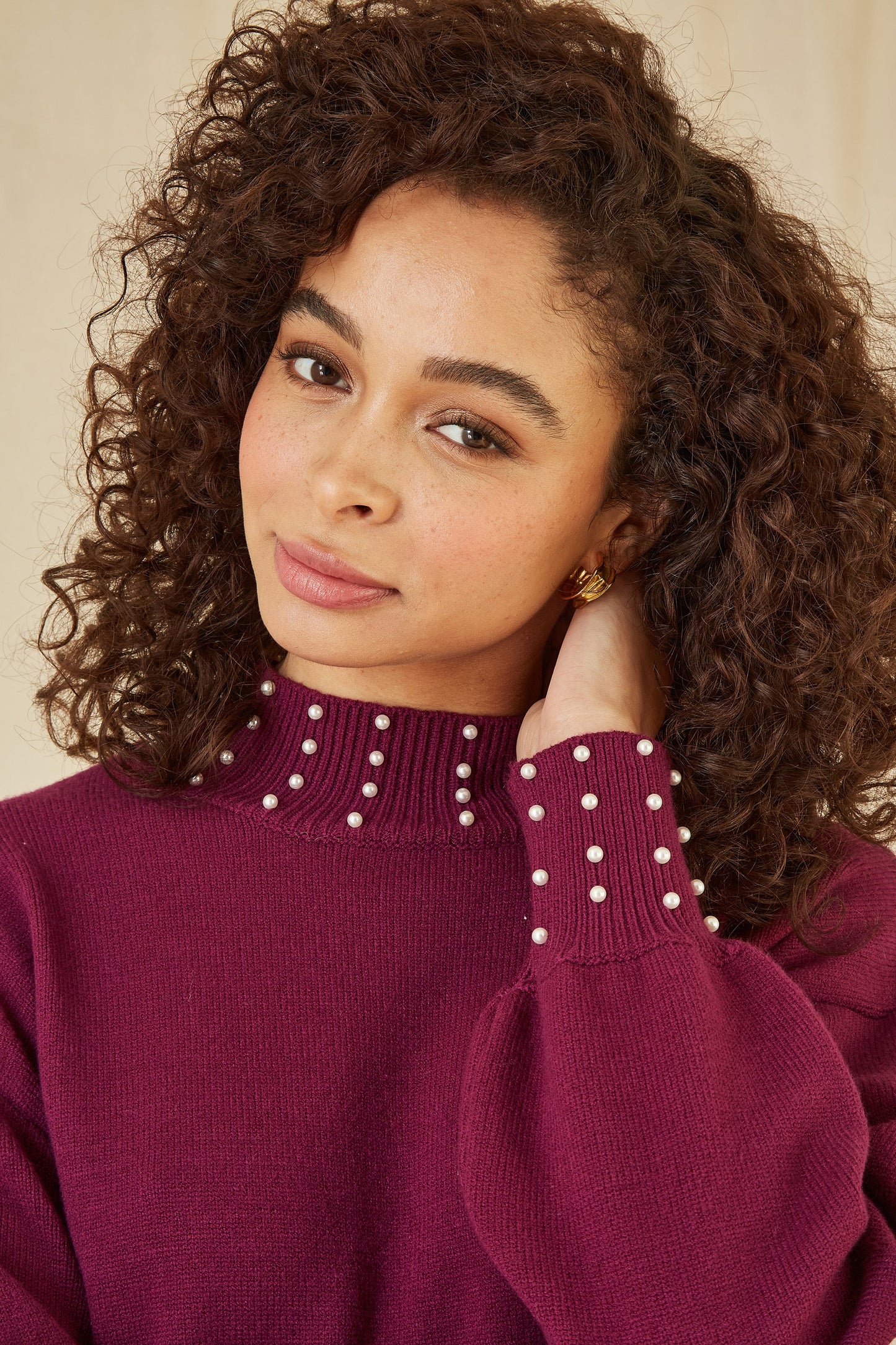 Yumi Plum Pearl Detail Knitted Relaxed Jumper Dress