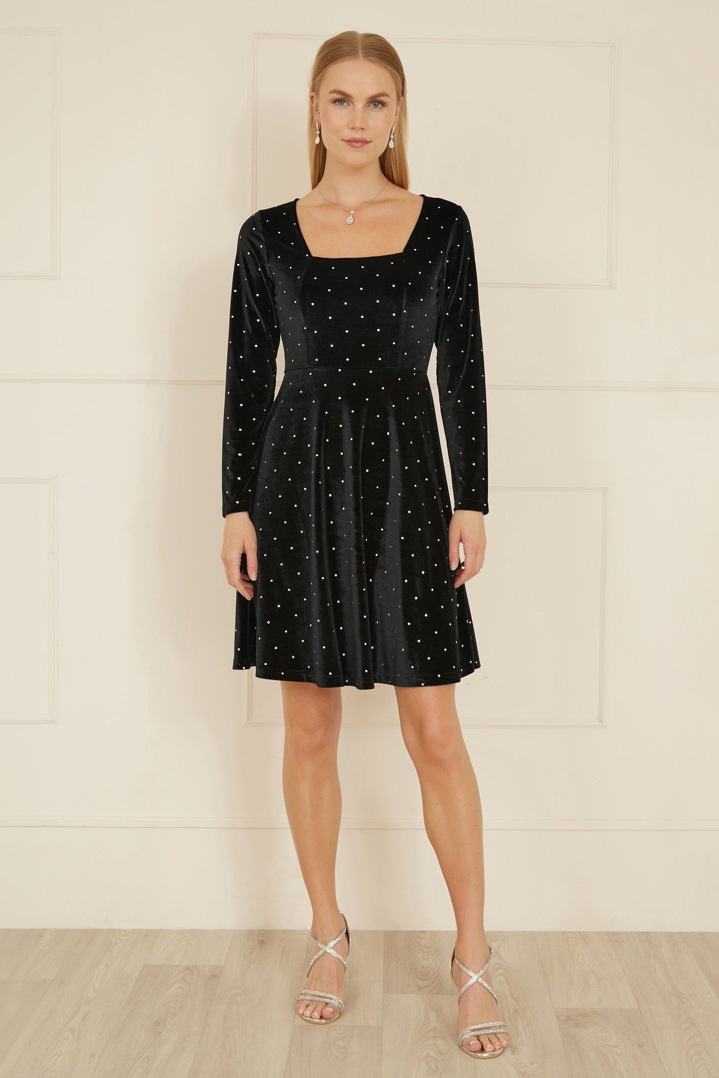 Yumi Black Skater Dress With Diamantes and Long Sleeve