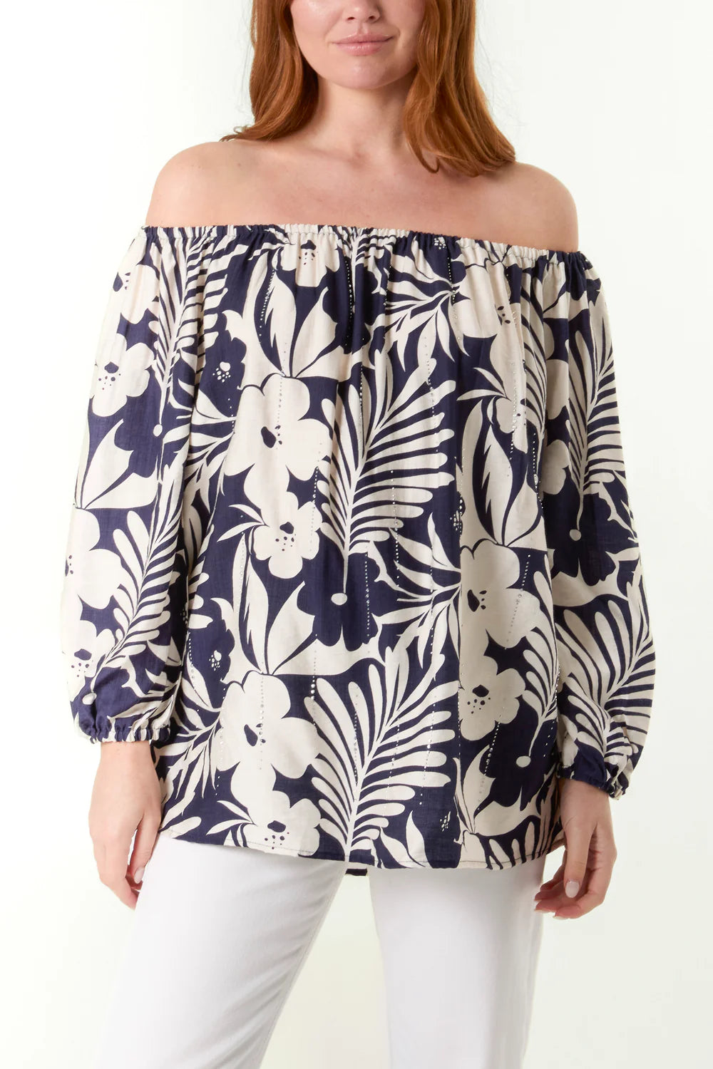 Elegant navy QED Bardot top with an off-shoulder neckline, crafted from a soft viscose blend, perfect for chic outings.