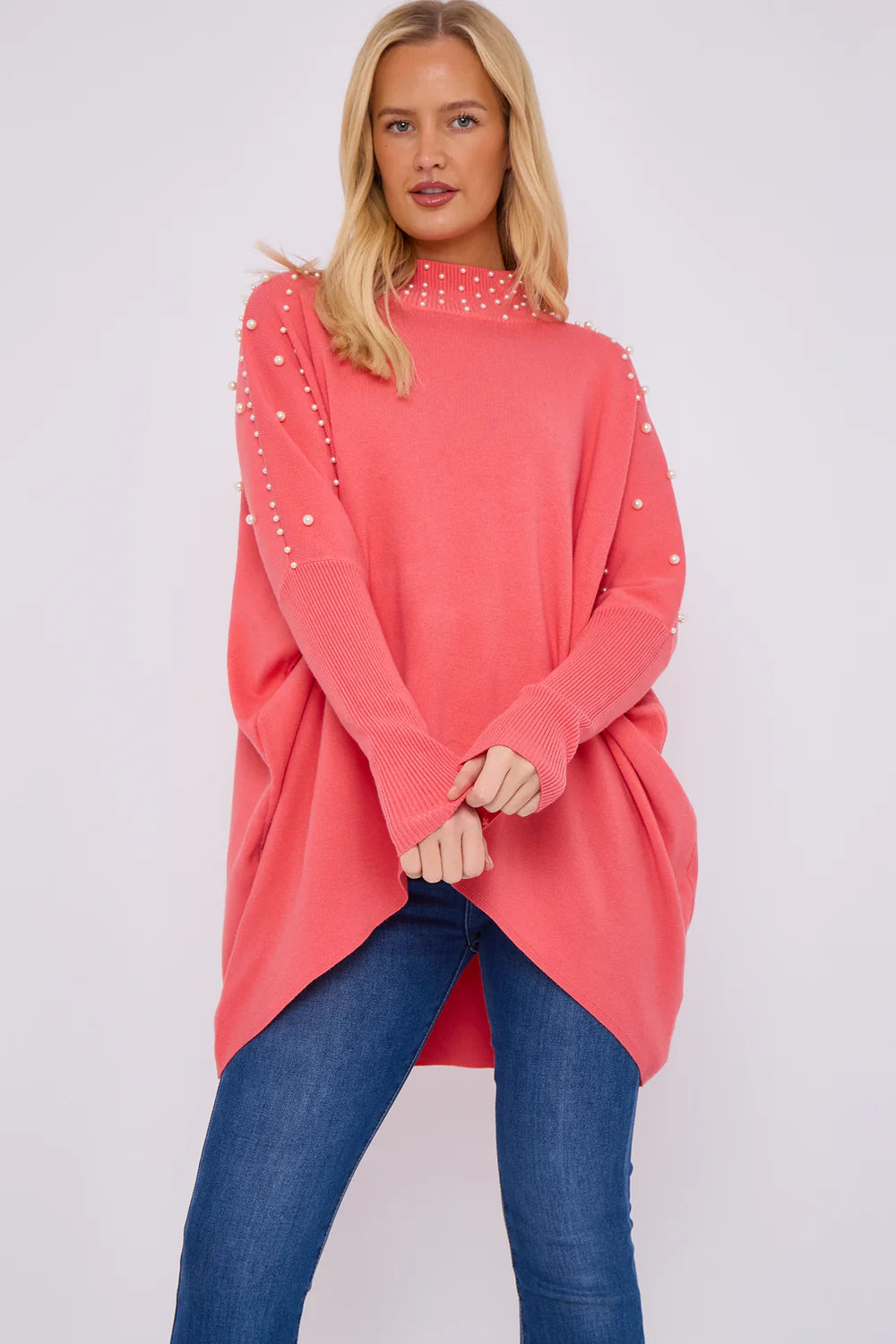 Pearl Embellished Highneck Jumper – One Size UK 8–18