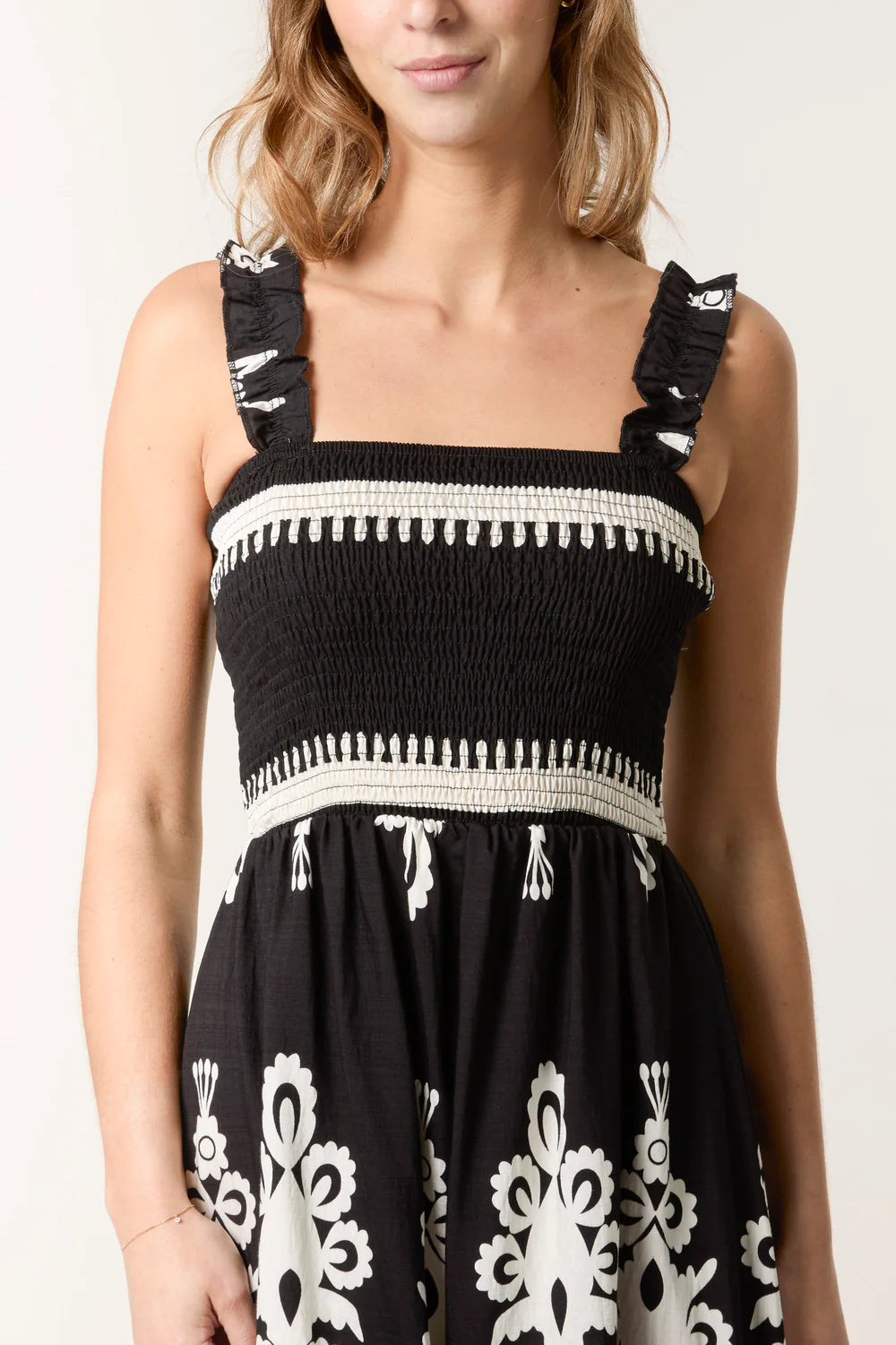 Printed Shirred Bodice Maxi Dress M/L