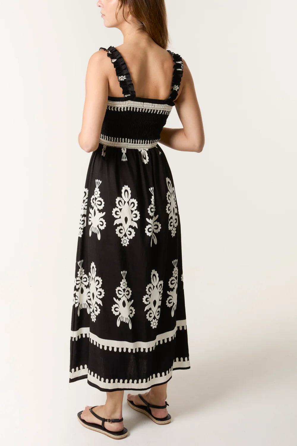 Printed Shirred Bodice Maxi Dress M/L