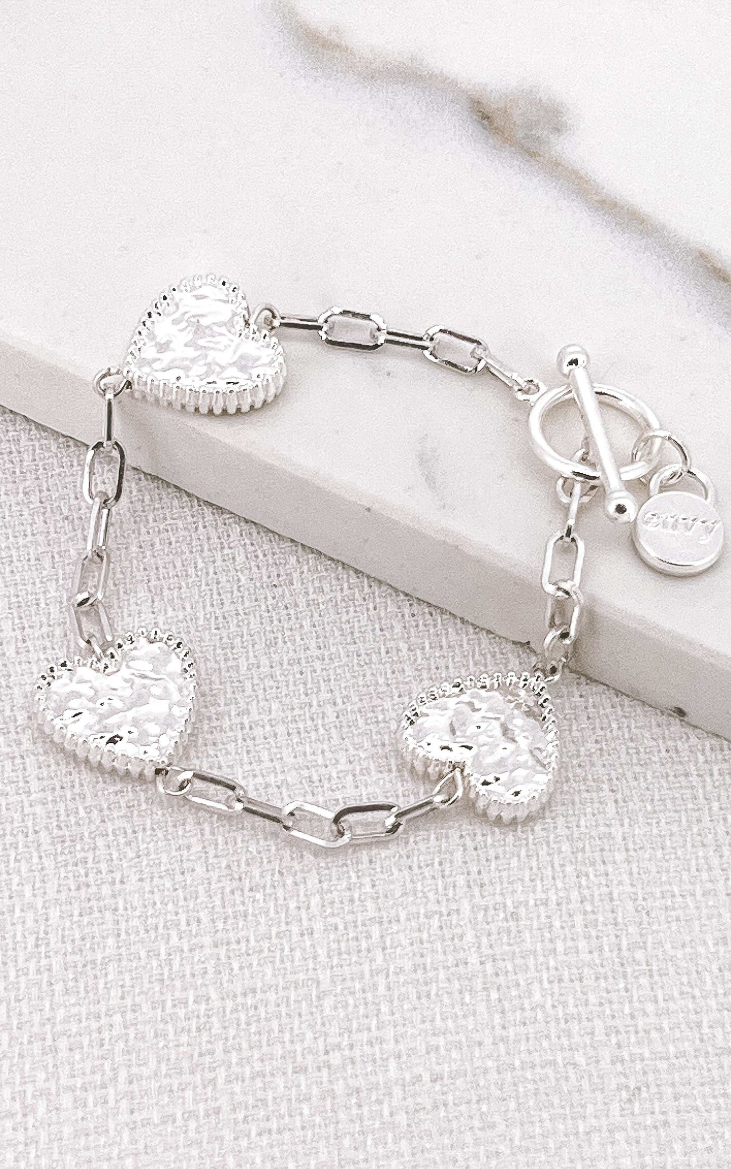 Envy - Silver battered heart T-bar bracelet