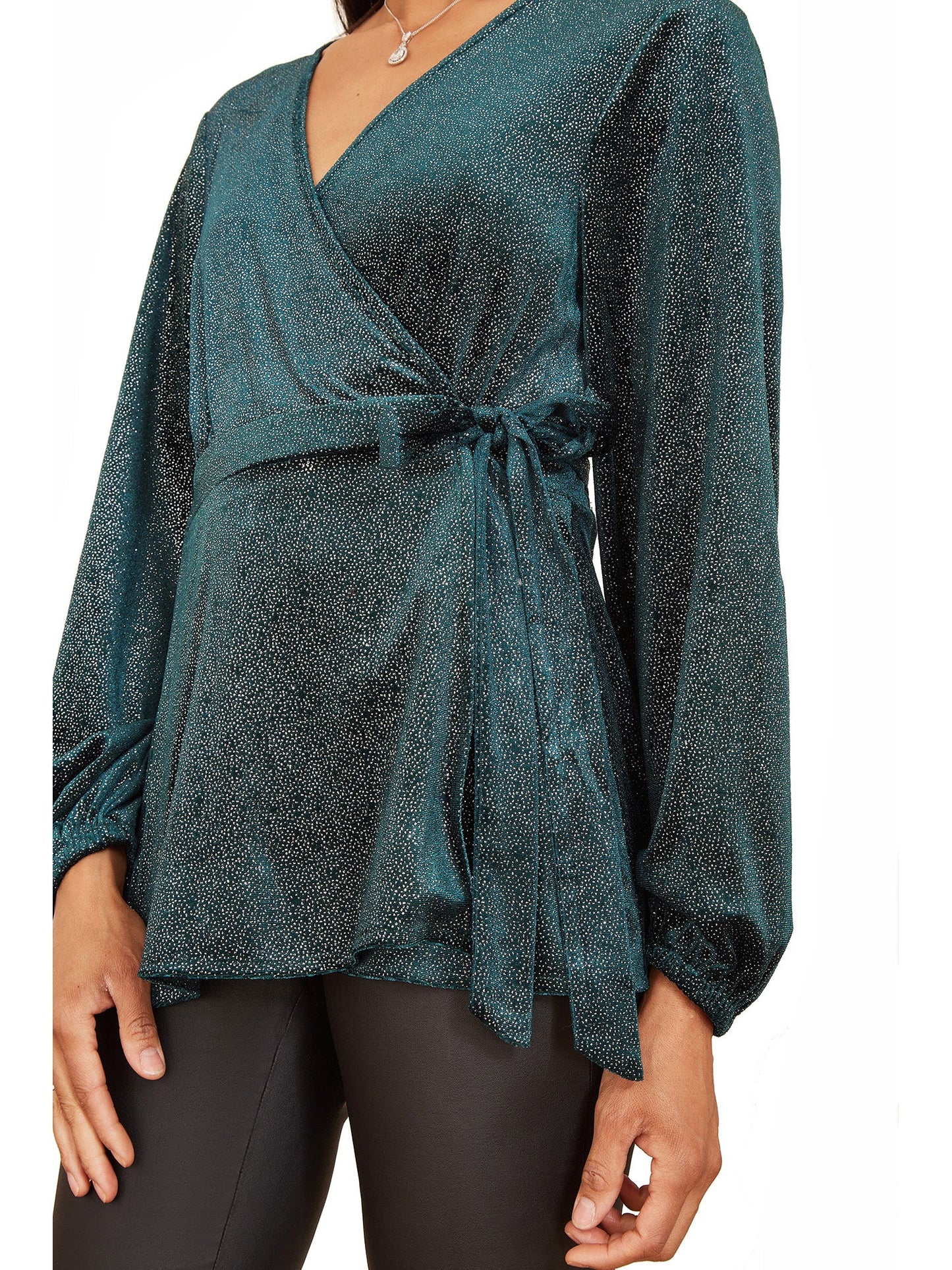 Yumi Green Sparkle Velvet Wrap Top With Long Sleeves