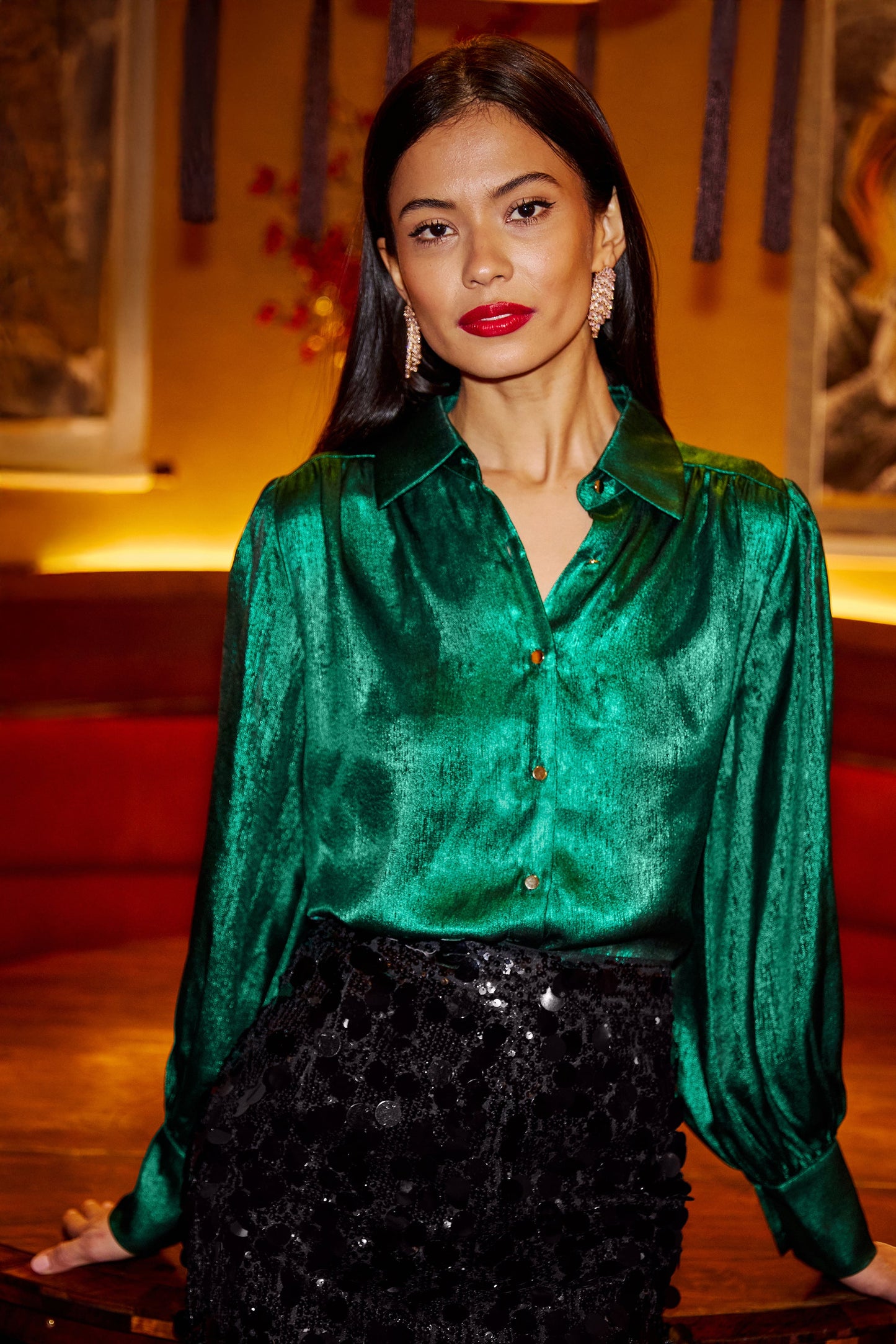Yumi Green Metallic Relaxed Balloon Sleeve Shirt