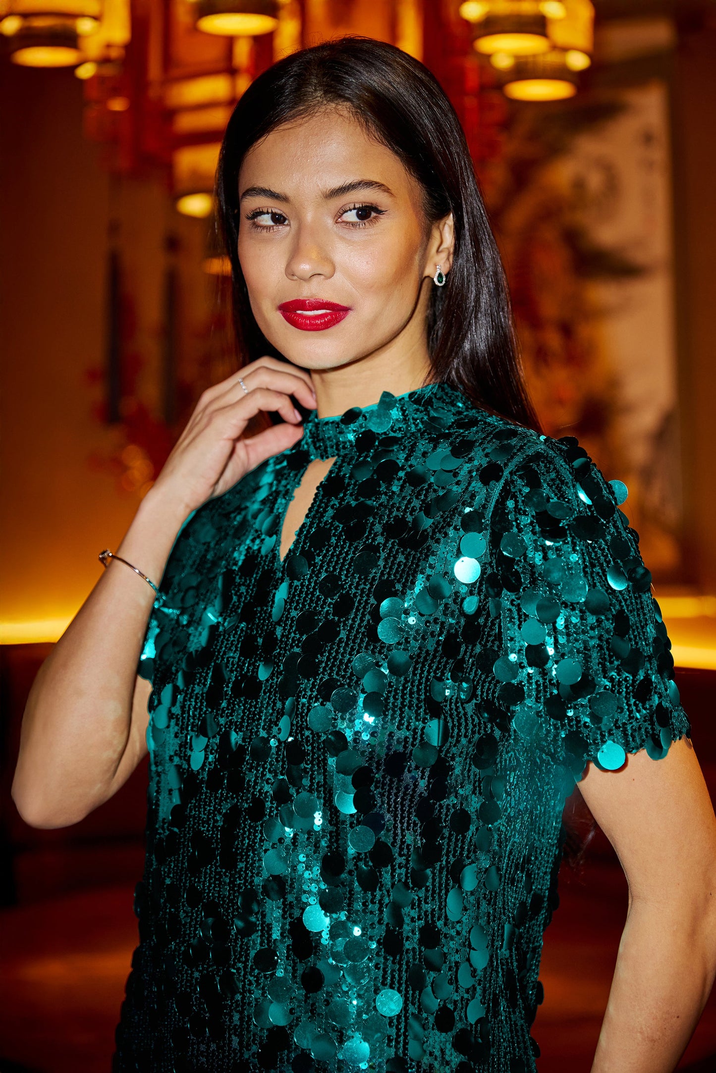 Yumi Green Big Sequin Tunic With Keyhole Neckline