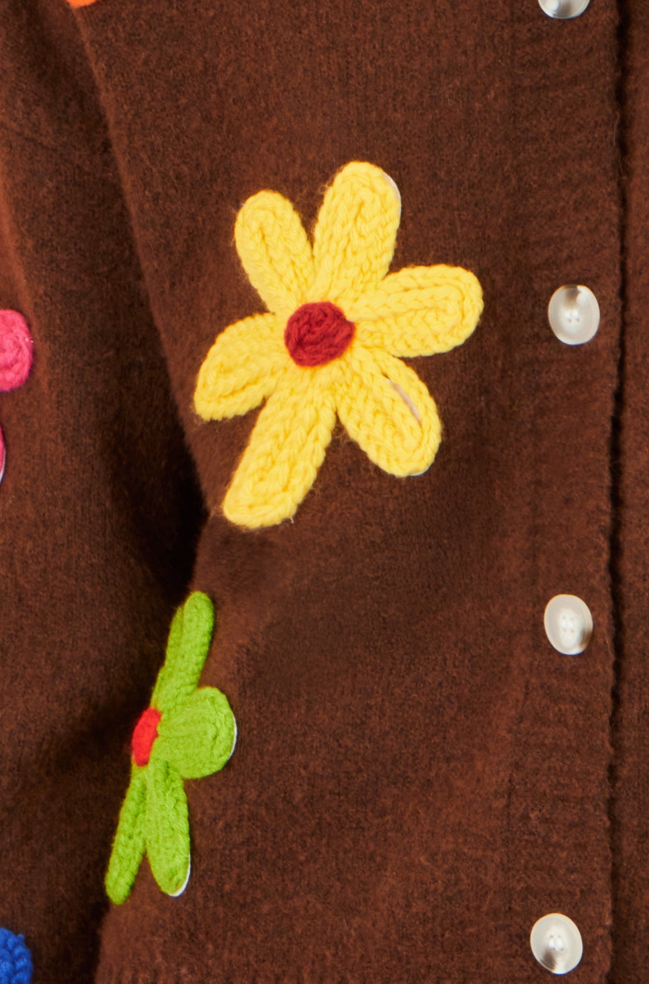 Yumi Brown Knitted Flower Applique Cardigan