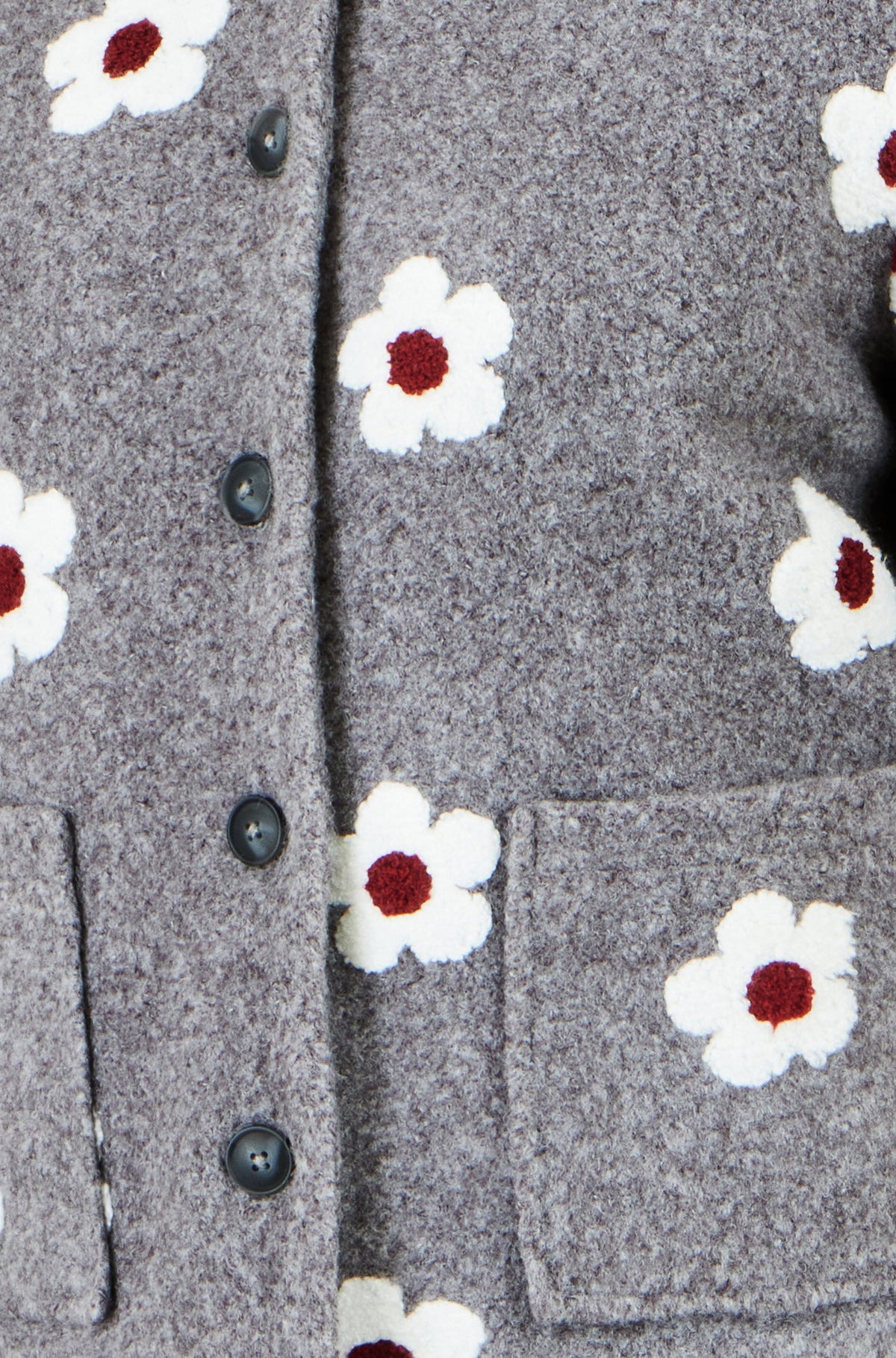 Yumi Grey Embroidered Daisy Fleece Jacket