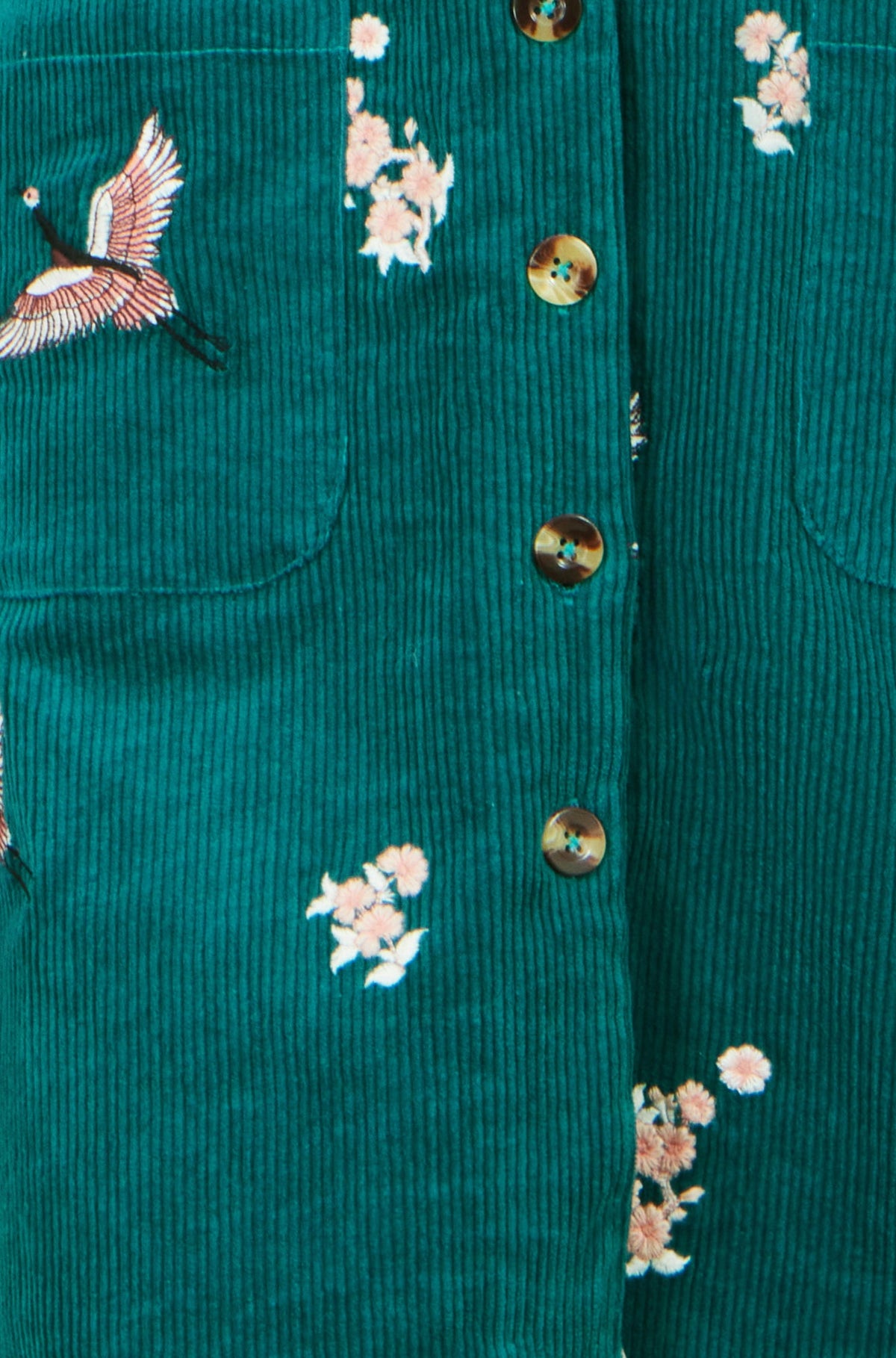 Yumi Teal Crane Embroidery Button Up Pinafore Dress