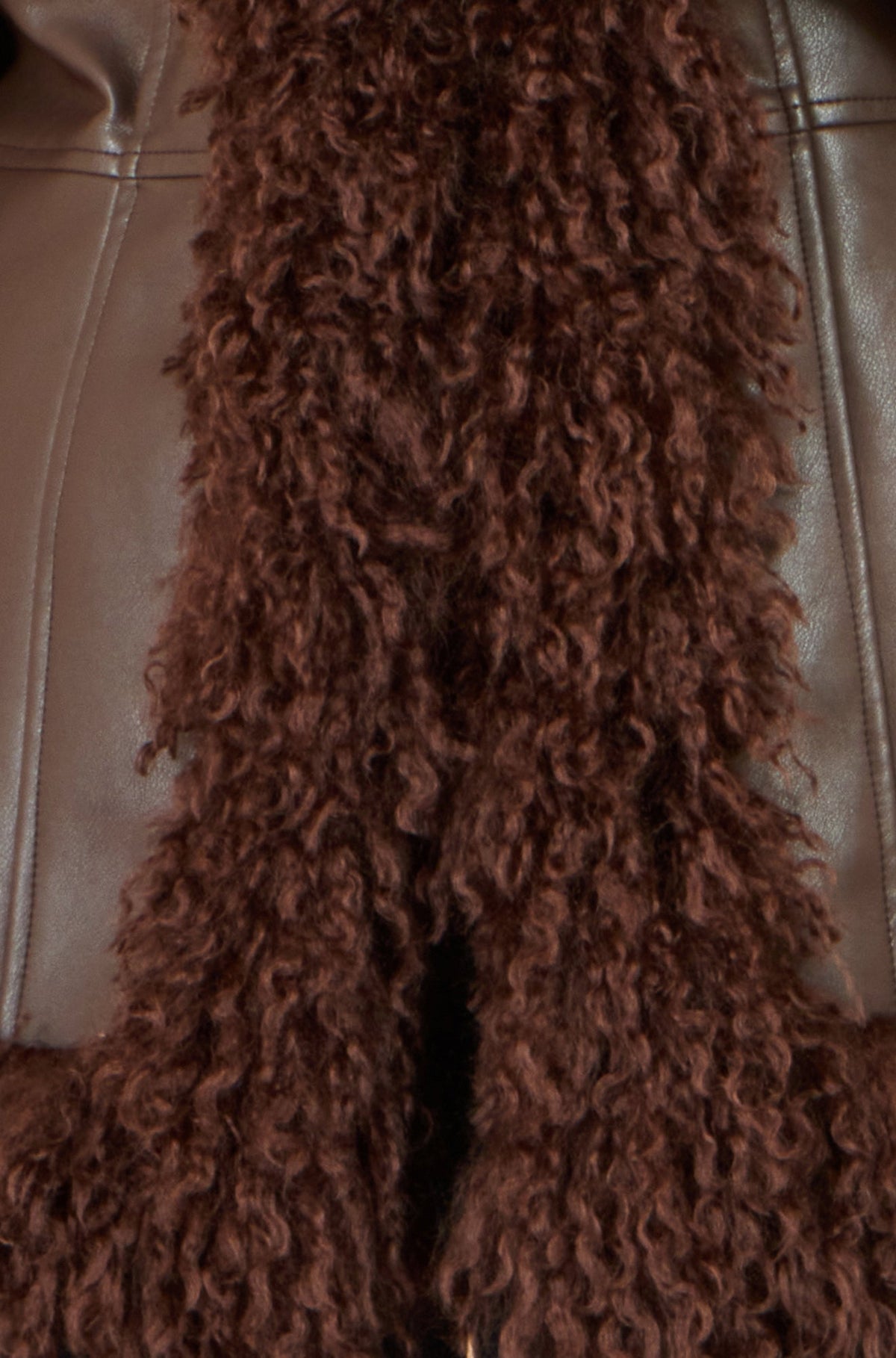 Yumi Brown Faux Leather Coat With Faux Fur Trims