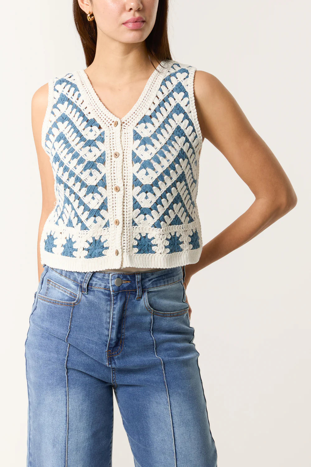 Border Design Crochet Button Vest M/L