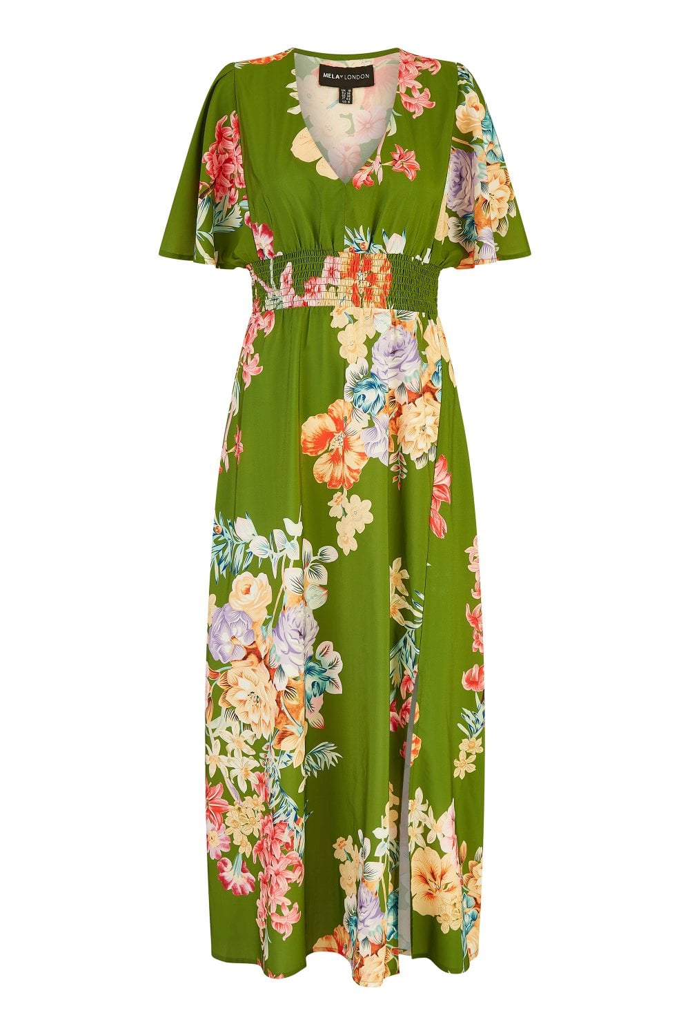 Mela Green Floral Ruched Waist Maxi Dress With Split Hemline
