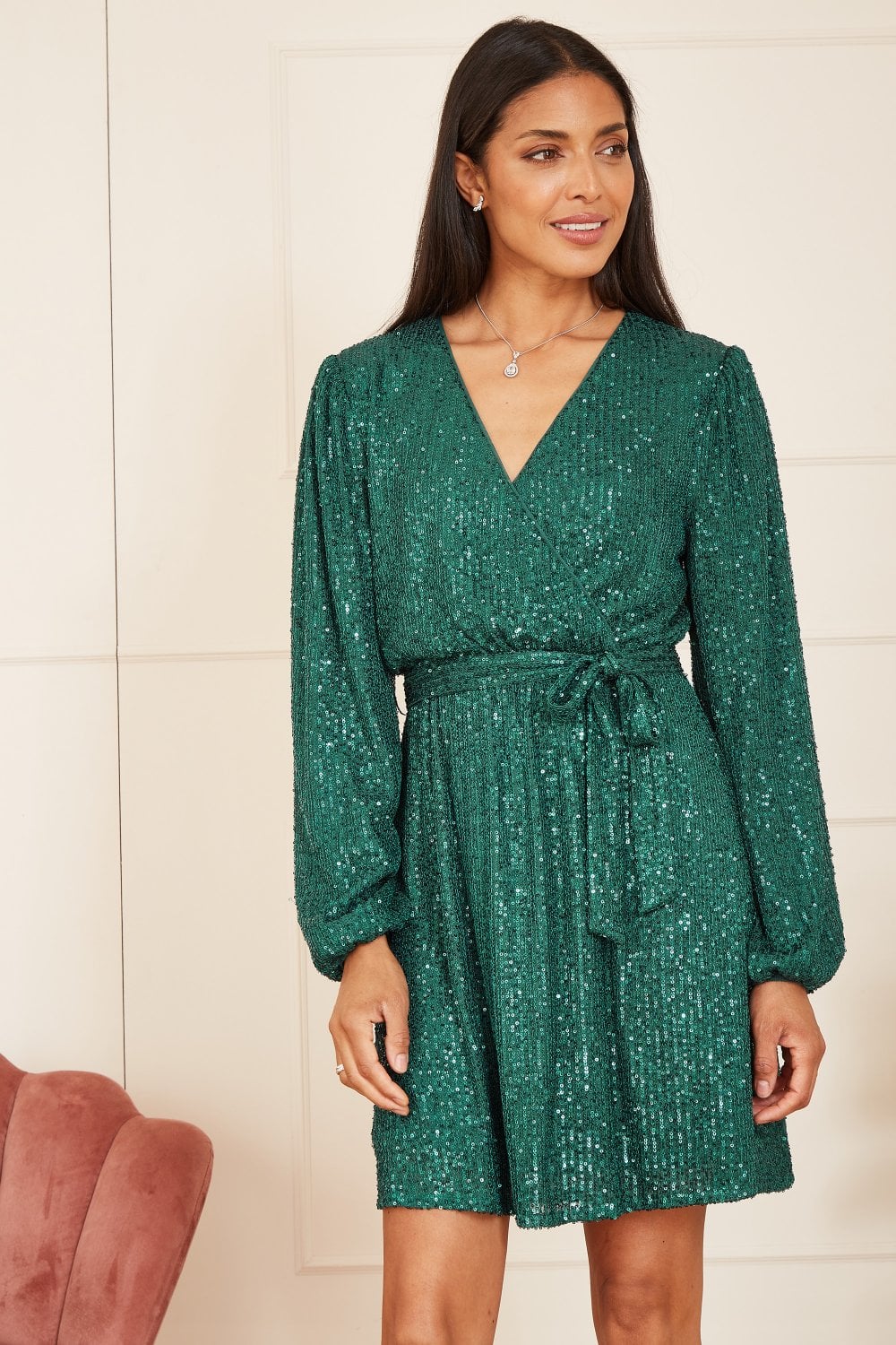 Mela Green Sequin Belted Wrap Long Sleeve Dress Mela Green Sequin Belted Wrap Long Sleeve Dress