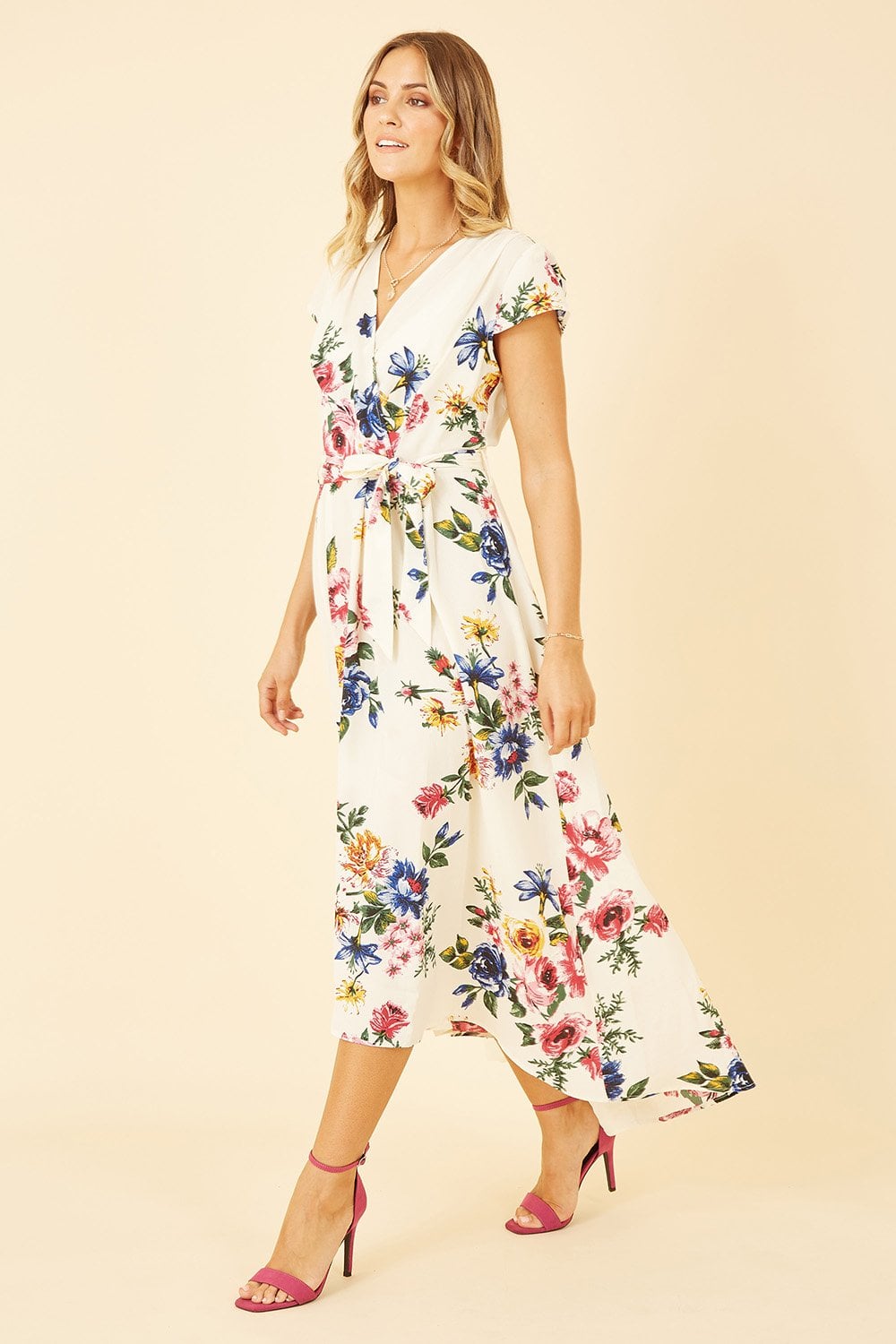 Mela Ivory Floral Wrap Dip Hem Dress