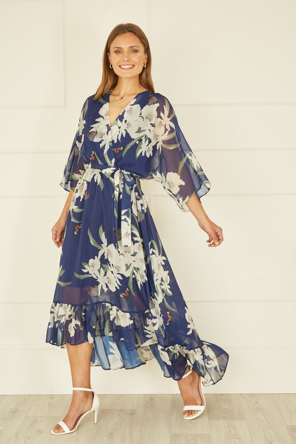 knee length dresses for ladies Navy Floral Kimono Sleeves Dip Hem Wrap Midi Dress – Envy Boutique