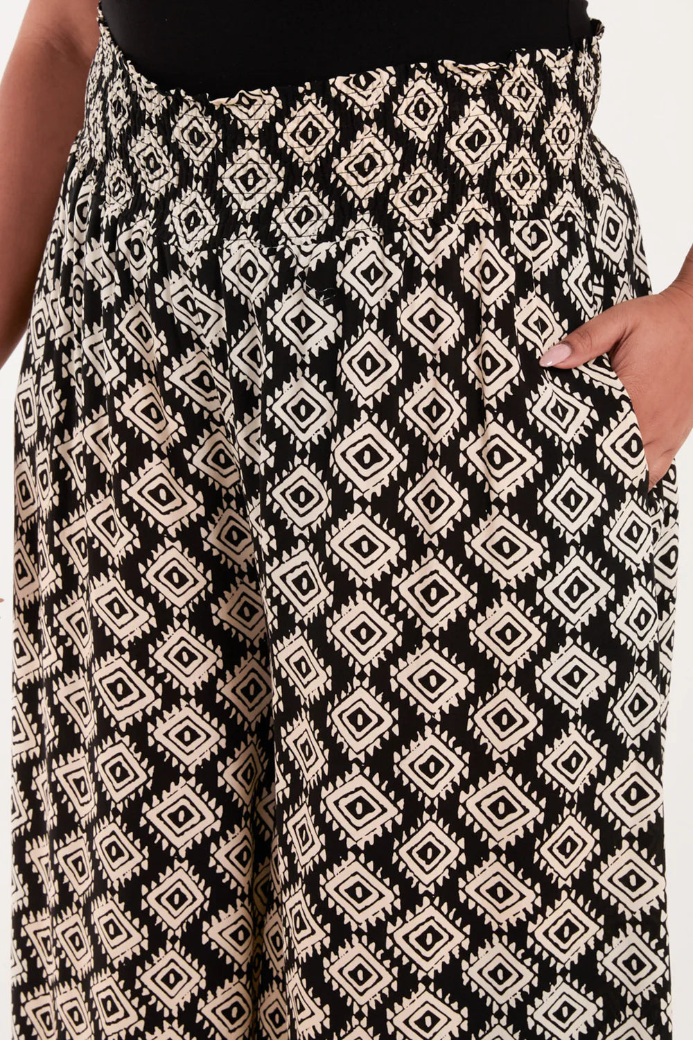 Stylish plus-size Curve Shirred Wide Leg Trousers in size 18-20, featuring a vibrant boho geometric pattern and a comfy, shirred waistband.