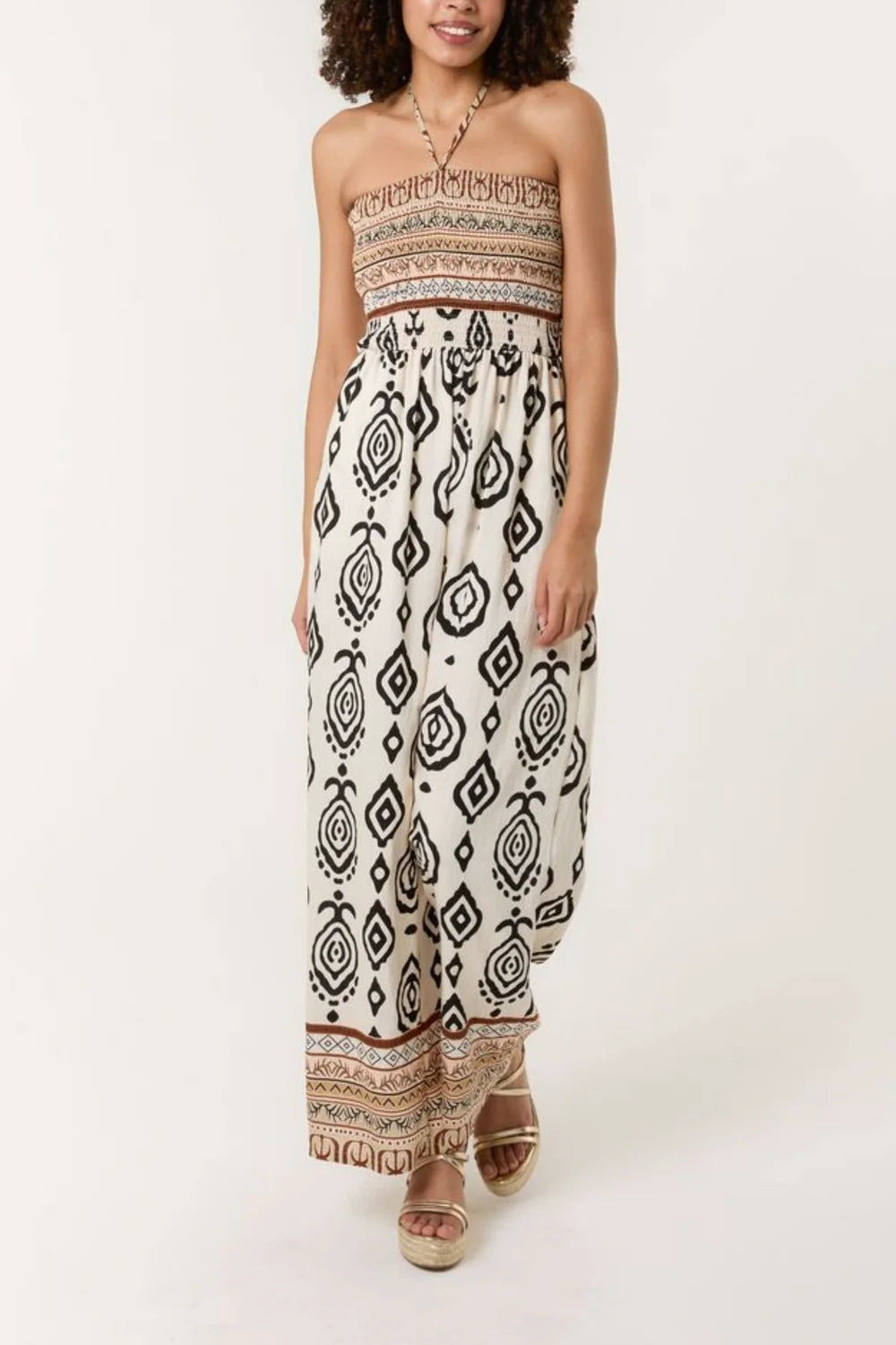 Tribal Print Shirred Bodice Halterneck Jumpsuit S/M