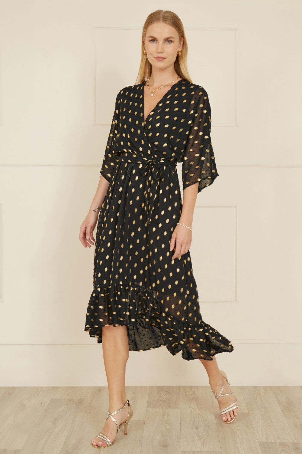 Yumi Black Foil Print Wrap Over Dip Hem Midi Dress - Black / 18 UK