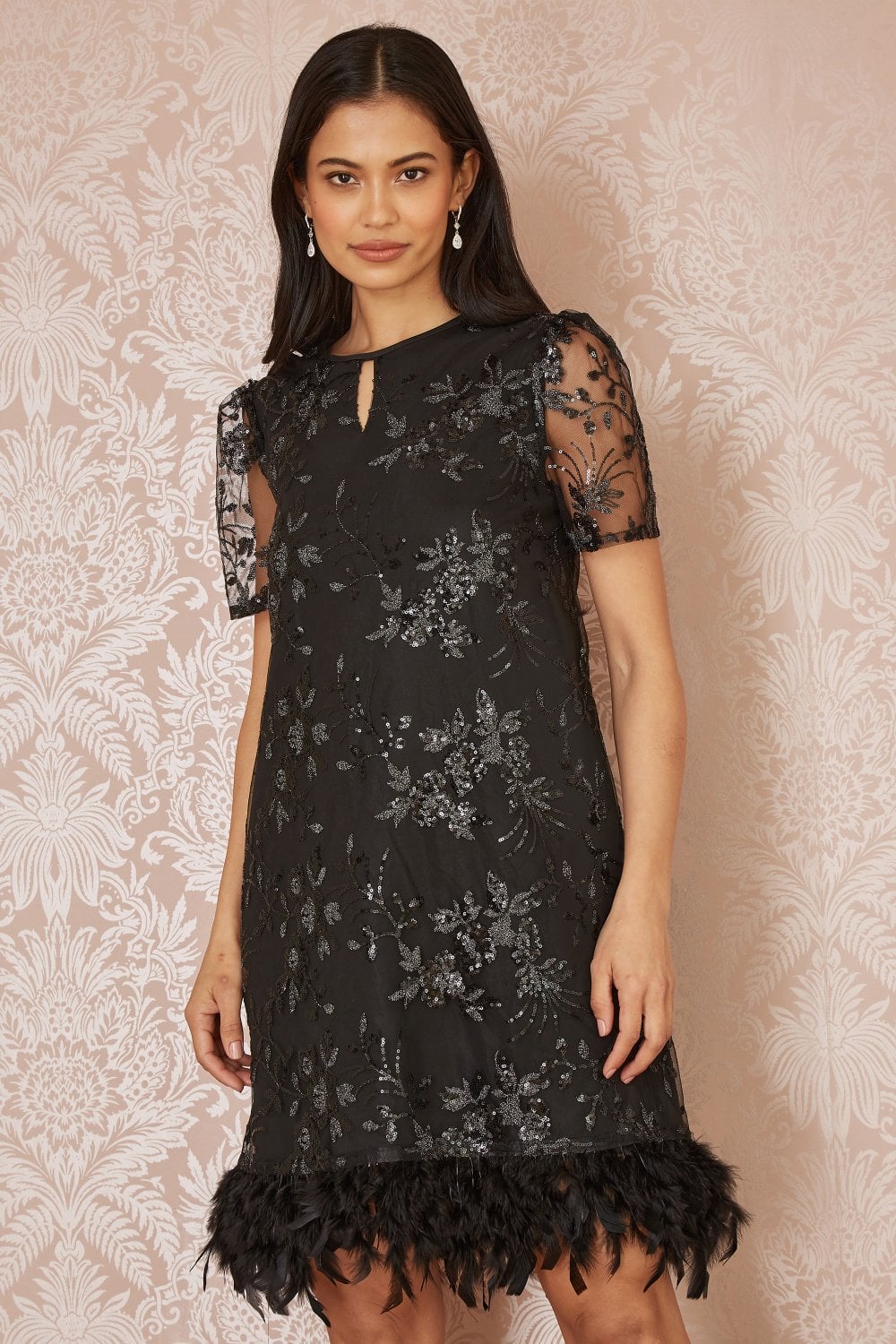 Yumi Black Sequin Embroidered Tunic Dress With Feather Trim Hemline Yumi Black Sequin Embroidered Tunic Dress With Feather Trim Hemline