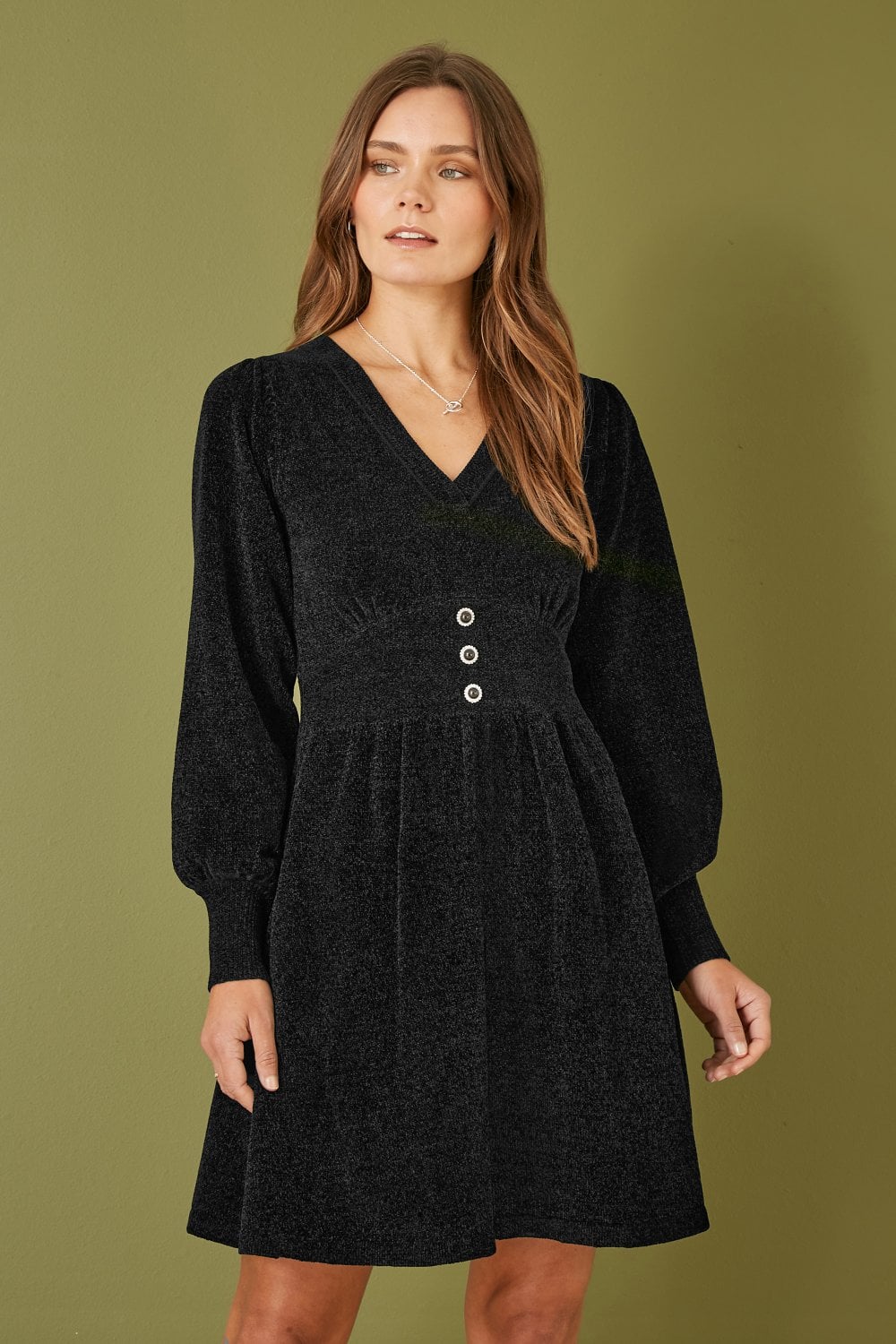 Yumi Black V Neck Empire Line Knitted Skater Dress Yumi Black V Neck Empire Line Knitted Skater Dress