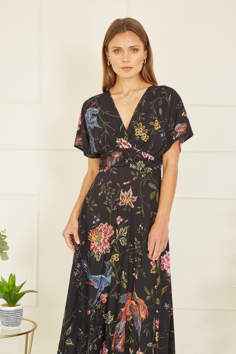 Yumi Black Viscose Bird and Floral Print Kimono Midi Dress - Black / 18 UK