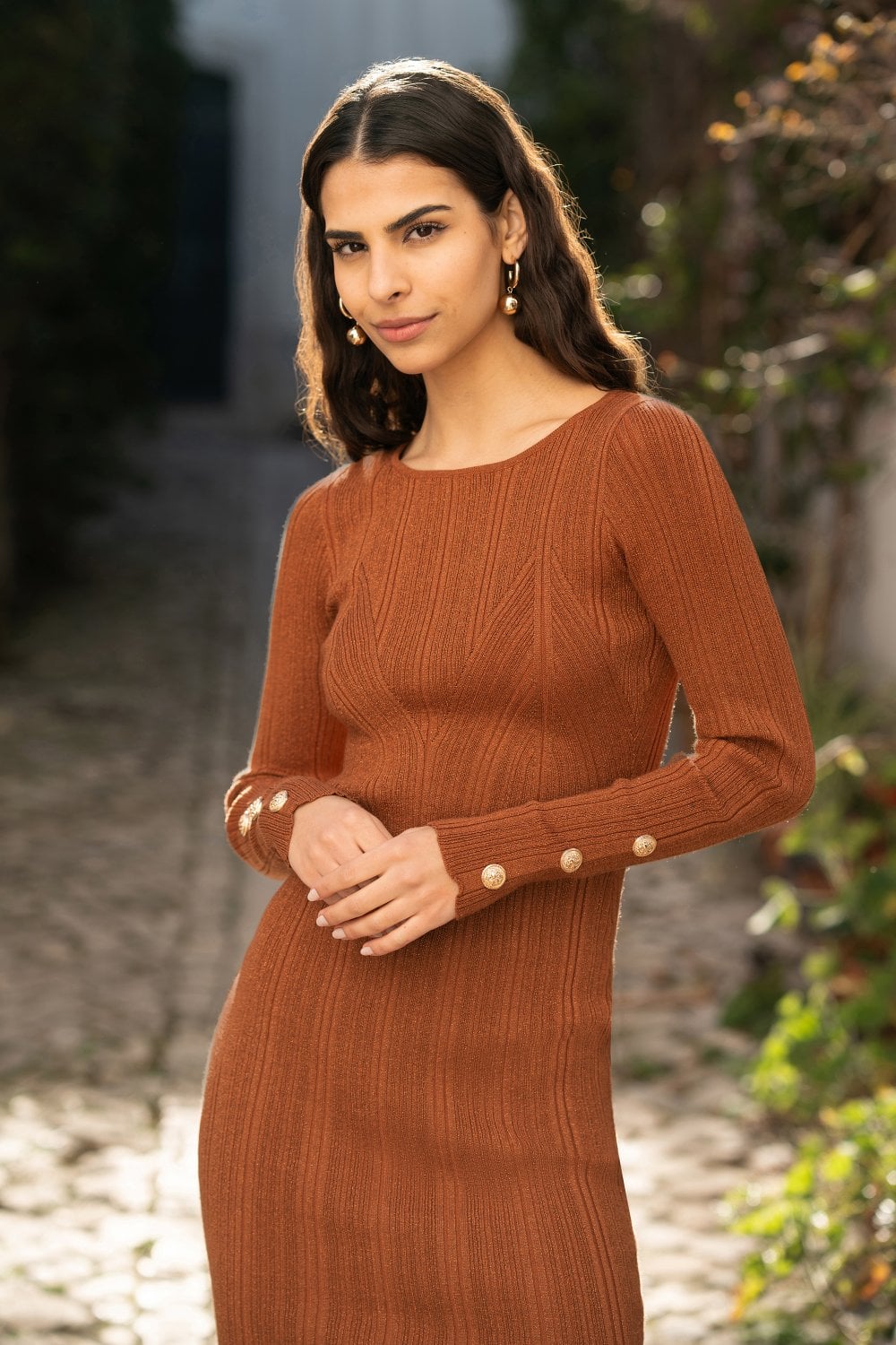 Yumi Brown Shimmer Fitted Midi Dress With Button - Brown / S