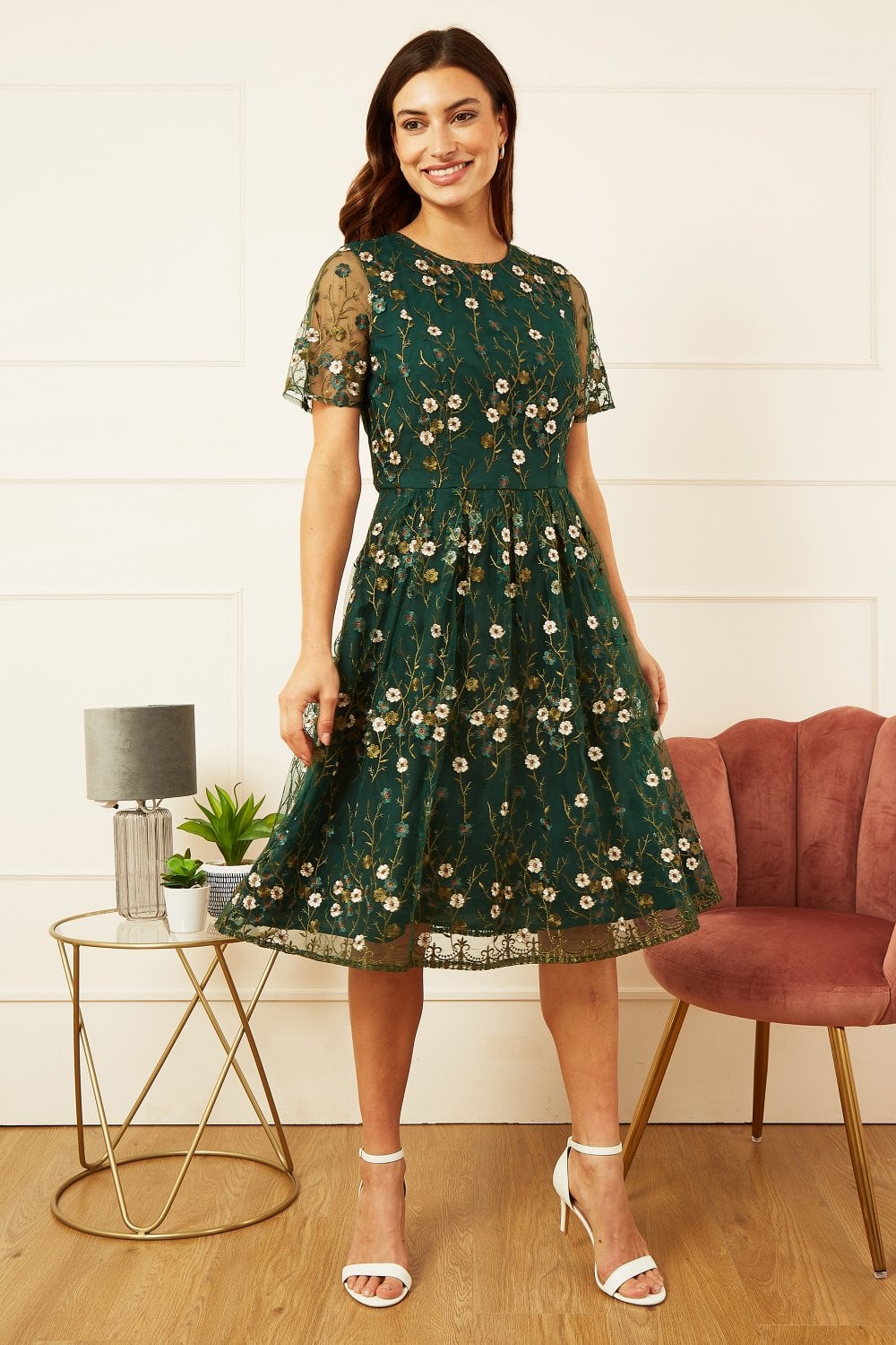 floral embroidered skater dress Yumi Green Embroidered Floral Skater Dress