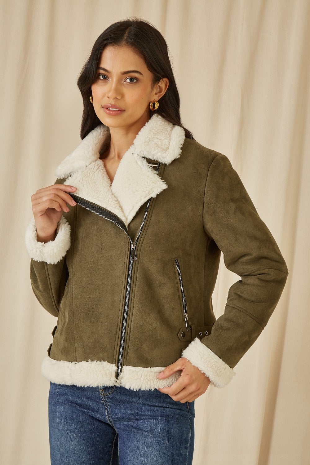 Yumi Green Faux Suede And Shearling Biker Jacket