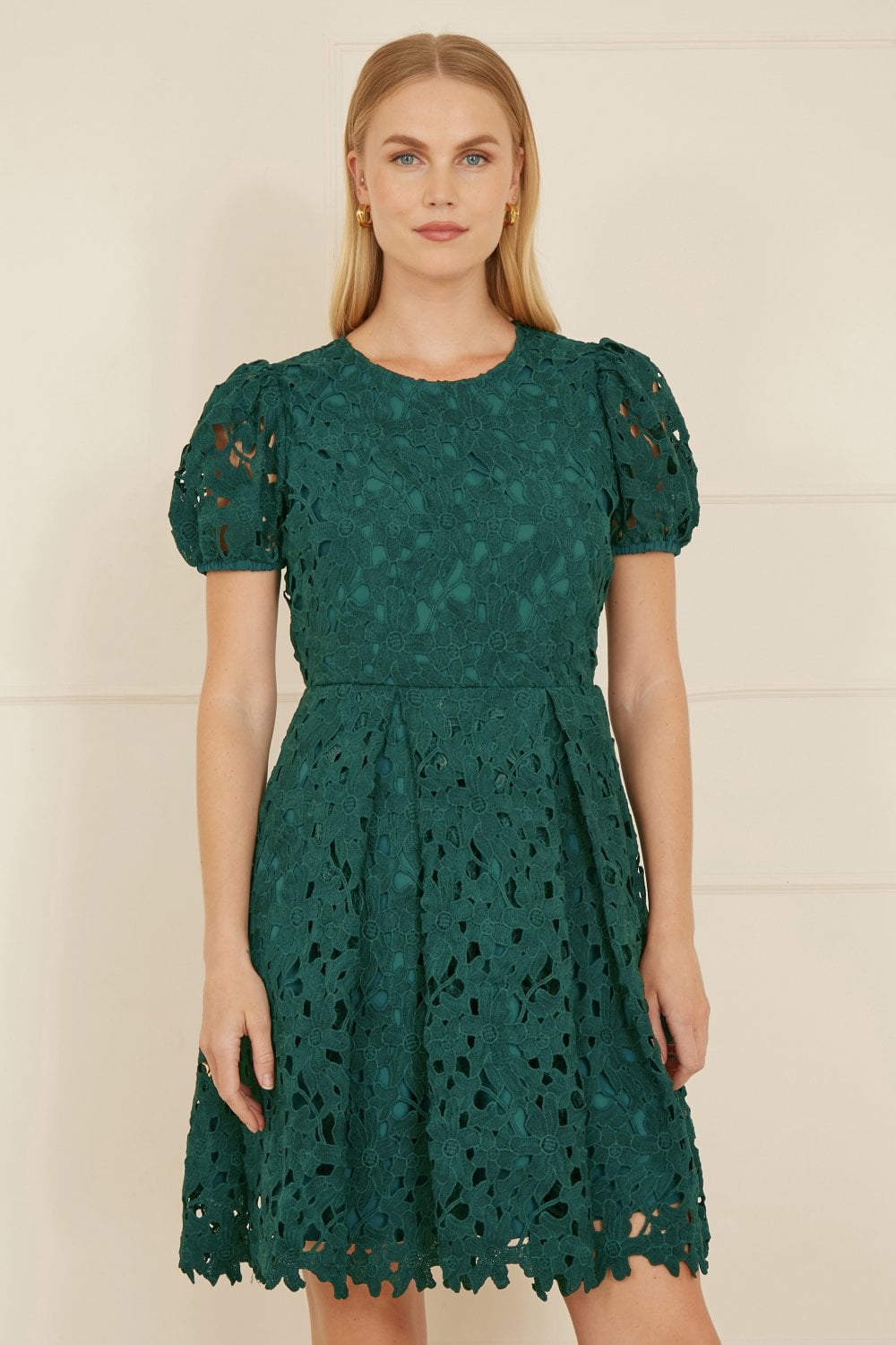 Yumi Green Lace Skater Dress With Puff Sleeves Yumi Green Lace Skater Dress With Puff Sleeves