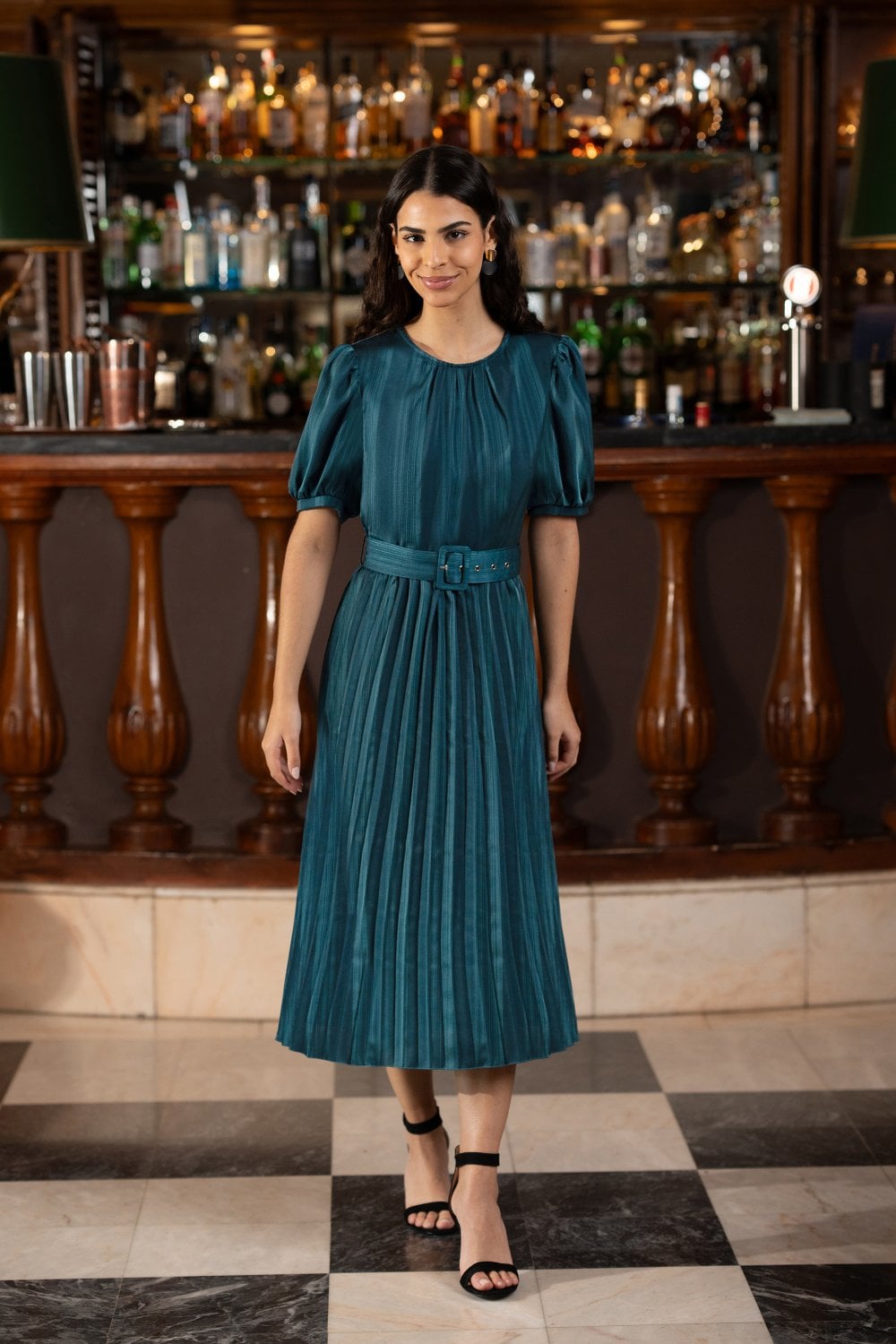 Yumi Green Satin Striped Midi Dress With Pleats and Matching Belt Envy Boutique Yumi Green Satin Striped Midi Dress With Pleats and Matching Belt Envy Boutique