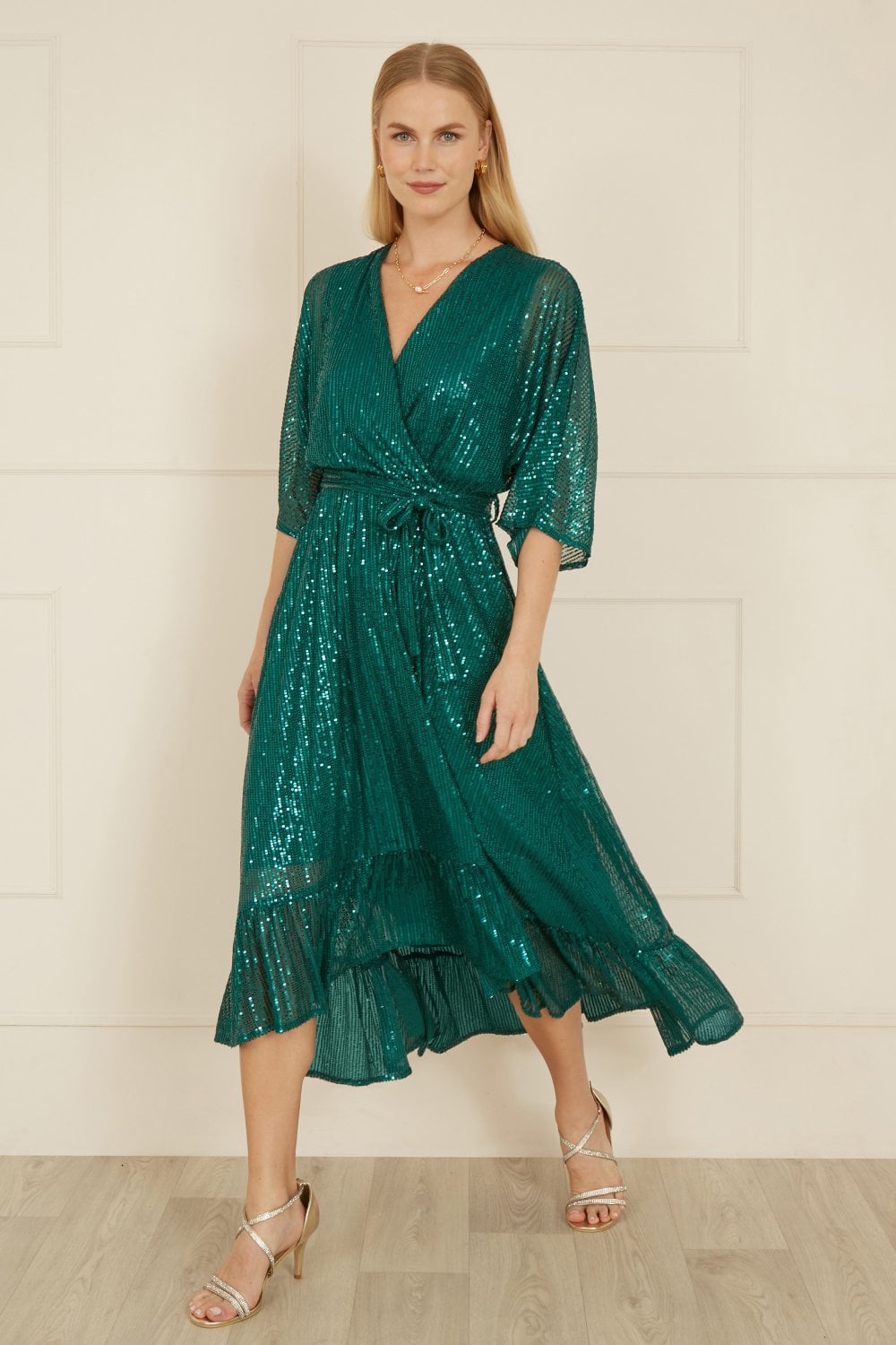 Yumi Green Sequin Kimono Midi Wrap Dress – Envy Boutique