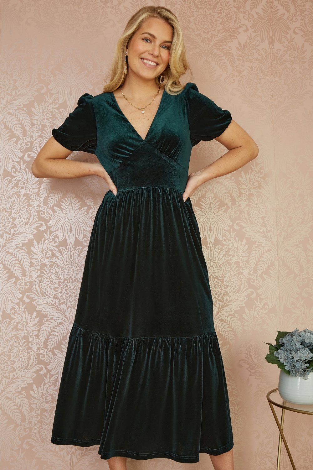 knee length dresses for ladies Yumi Green Velvet Midi Dress – Envy Boutique