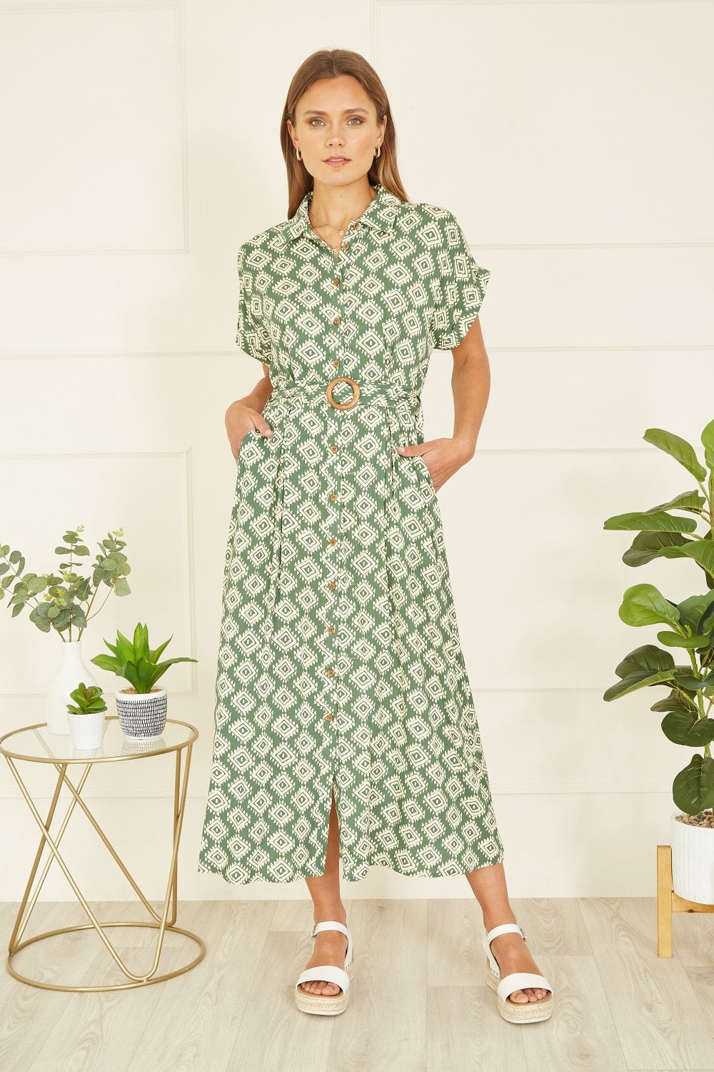 green yumi dress Yumi Bird And Floral Print Ruched Waist Kimono Midi Dress Green by Yumi
